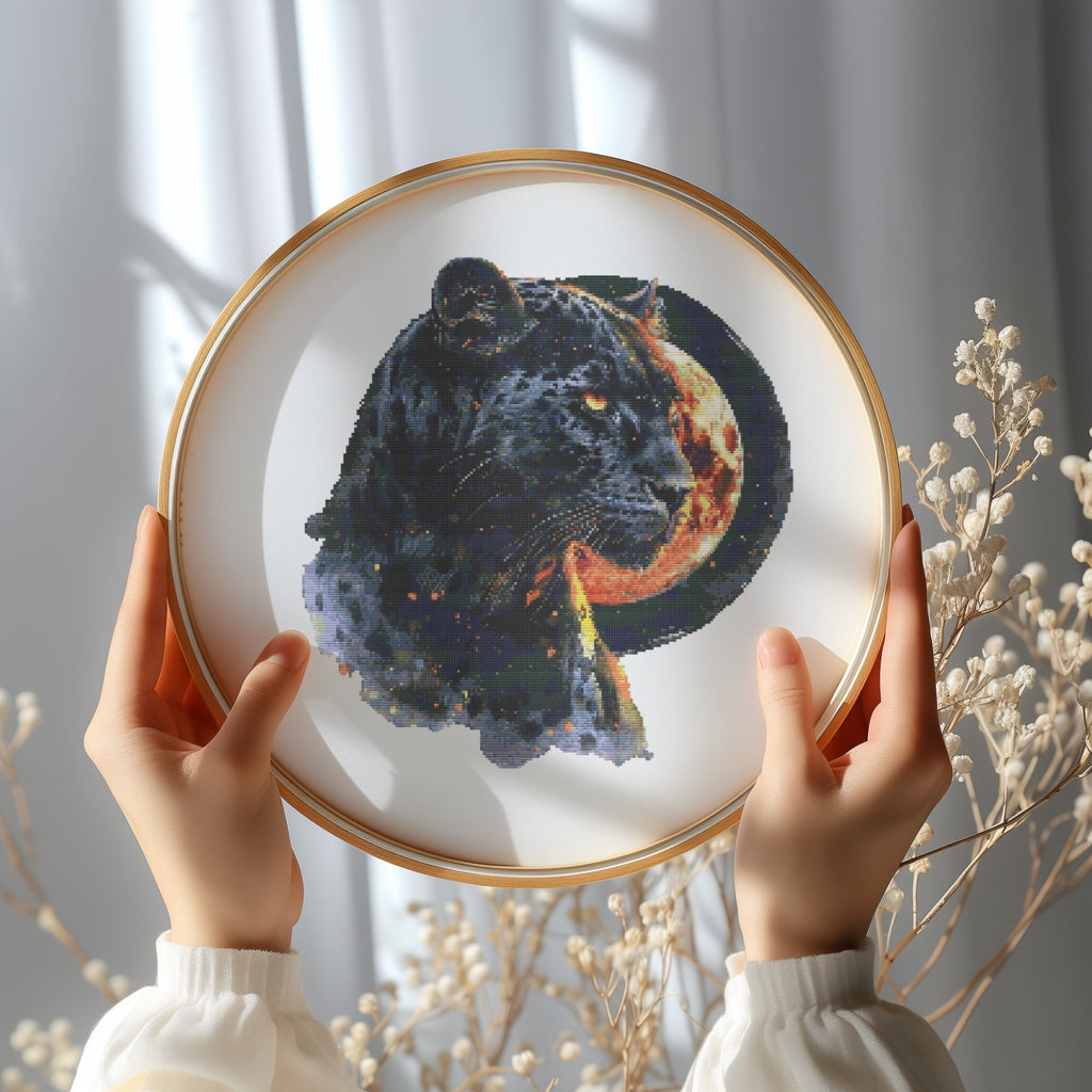 Cross Stitch Pattern With Black Cougar, Counted Cross Stitch Chart, Panther Cross Stitch Designs, Embroidery Patterns, Cross Stitch Art