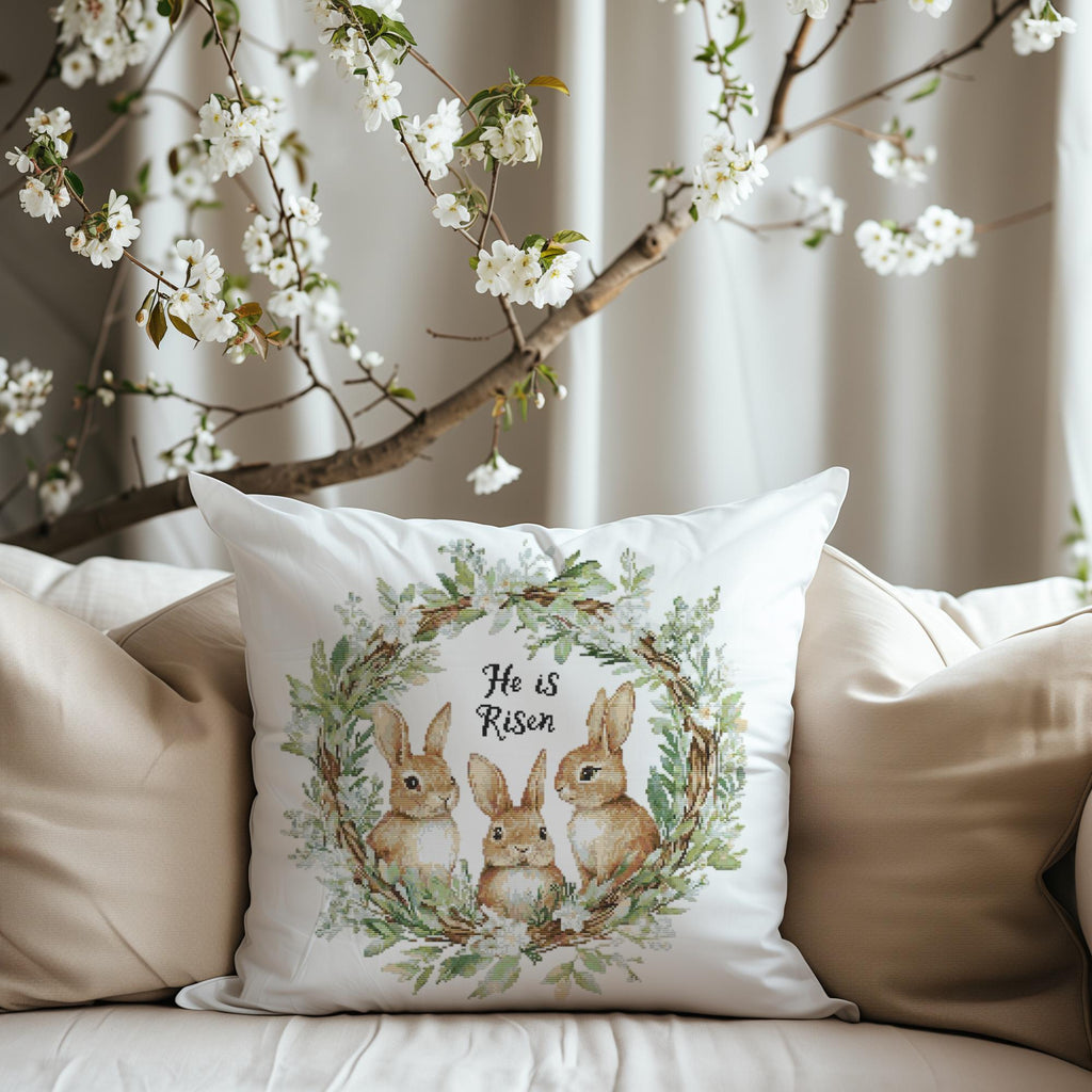 Easter Cross Stitch Pattern With Bunnies Counted He Is Risen Embroidery Pattern Christian Cross Stitch Chart Easter Wreath Cross Stitch Pdf