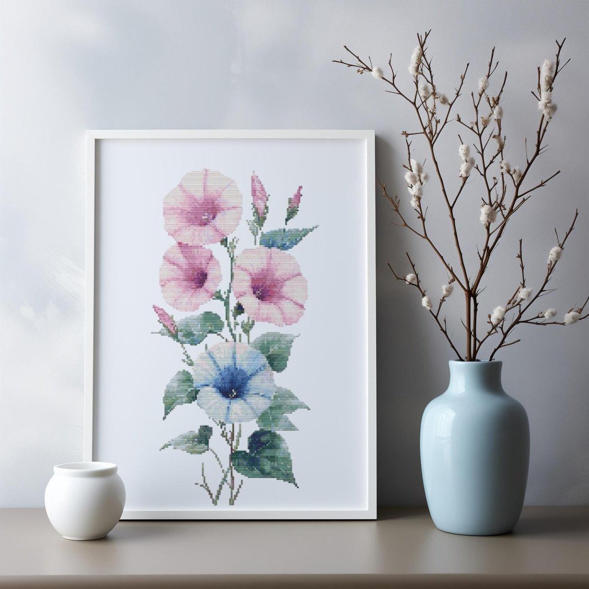 Cross Stitch Pattern With Morning Glory, Counted Cross Stitch Designs, September Birth Flower Embroidery File, Flower Cross Stitch Sampler