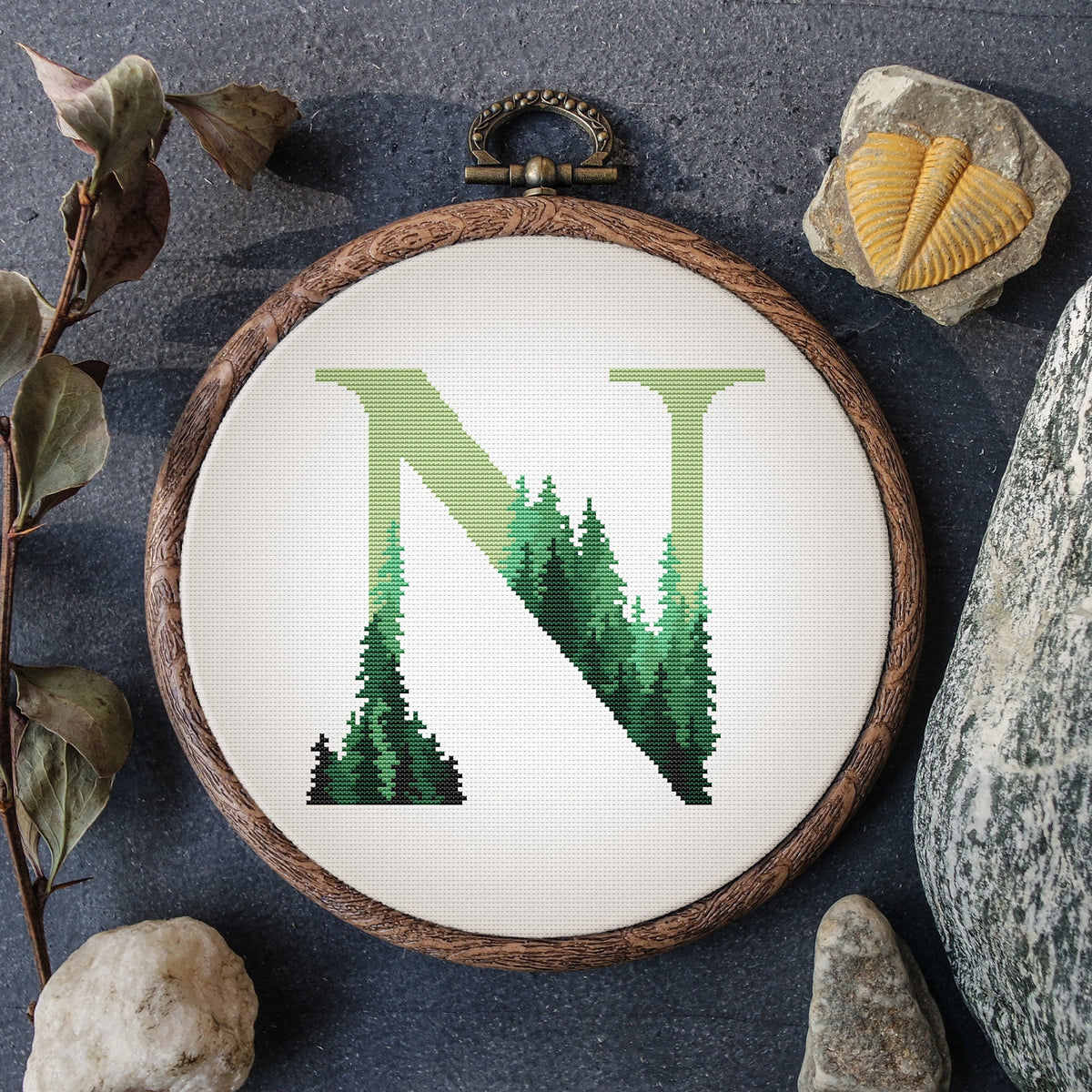 Personalized Cross Stitch Pattern With Letter N, Counted Cross Stitch Pattern Pdf, Forest Cross Stitch Pdf, Name Embroidery Template