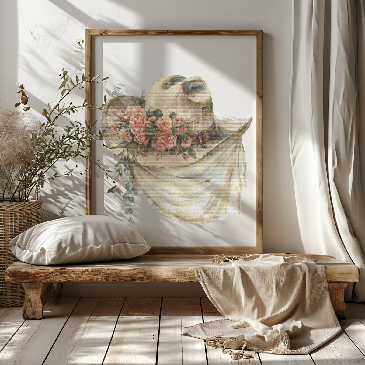 Watercolor Cross Stitch Pattern With Cowboy Hat, Modern Cross Stitch Art, Western Embroidery Pdf, Wedding Cross Stitch Sampler For Cow Girl