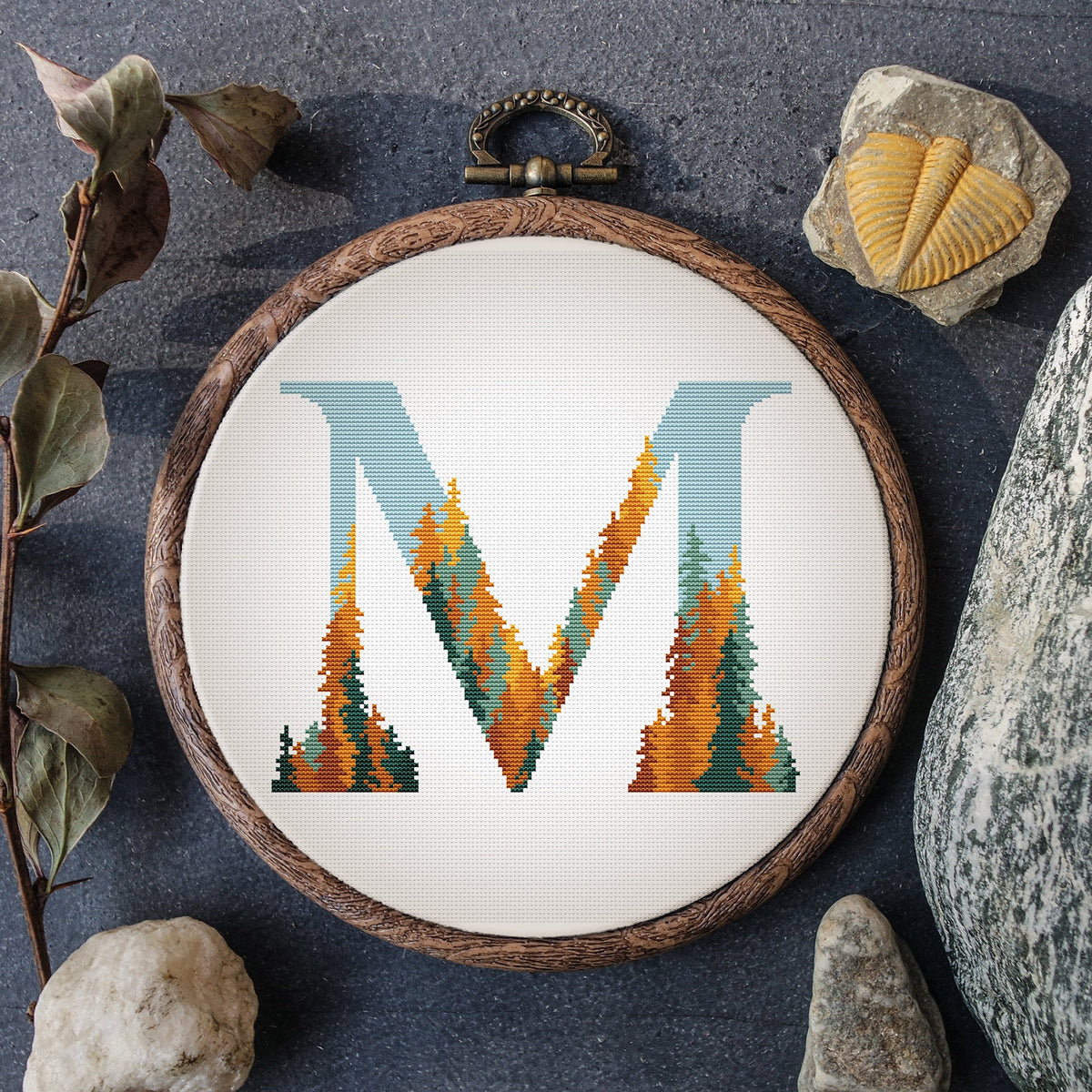 Personalized Cross Stitch Pattern With Monogram M, Counted, Fall Forest Cross Stitch Chart With Letter, Customisable Name Embroidery Pdf