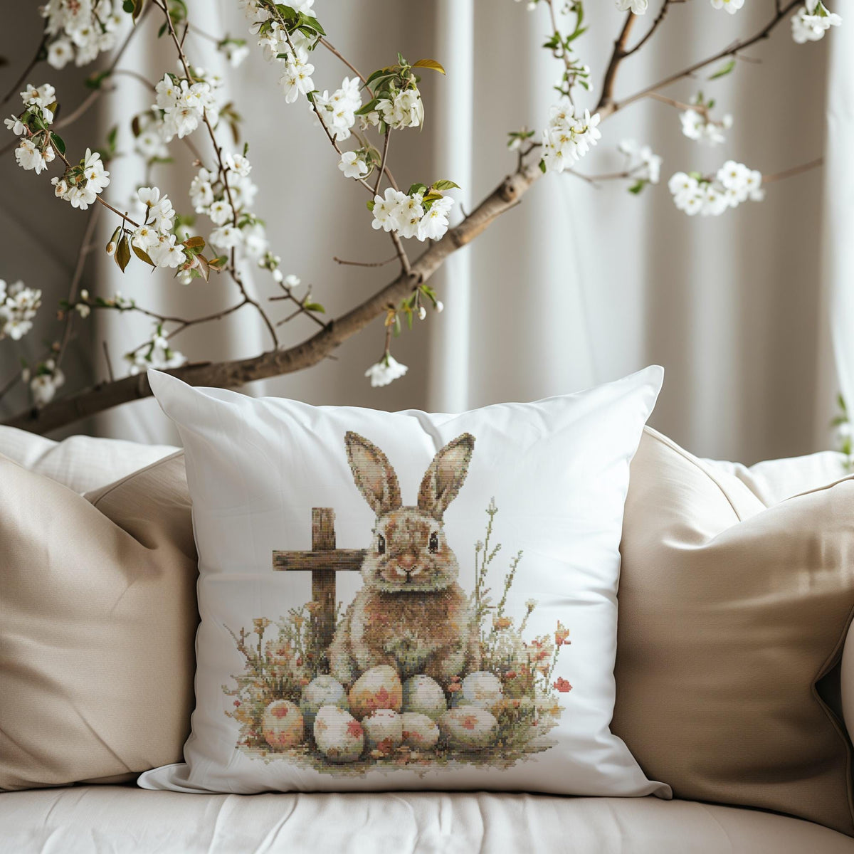 Easter Cross Stitch Pattern With Bunny, Cross Stitch Art, Happy Easter Embroidery PDF, Spring Cross Stitch Chart, Cottagecore Home Decor