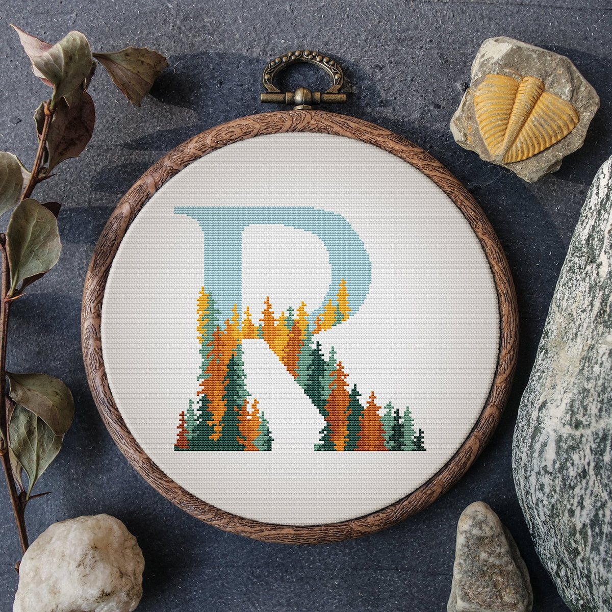 Monogram Cross Stitch With Fall Forest, Name Initials Embroidery Pattern, Letter Cross Stitch Chart, Easy Cross Stitch, Personalized Gift