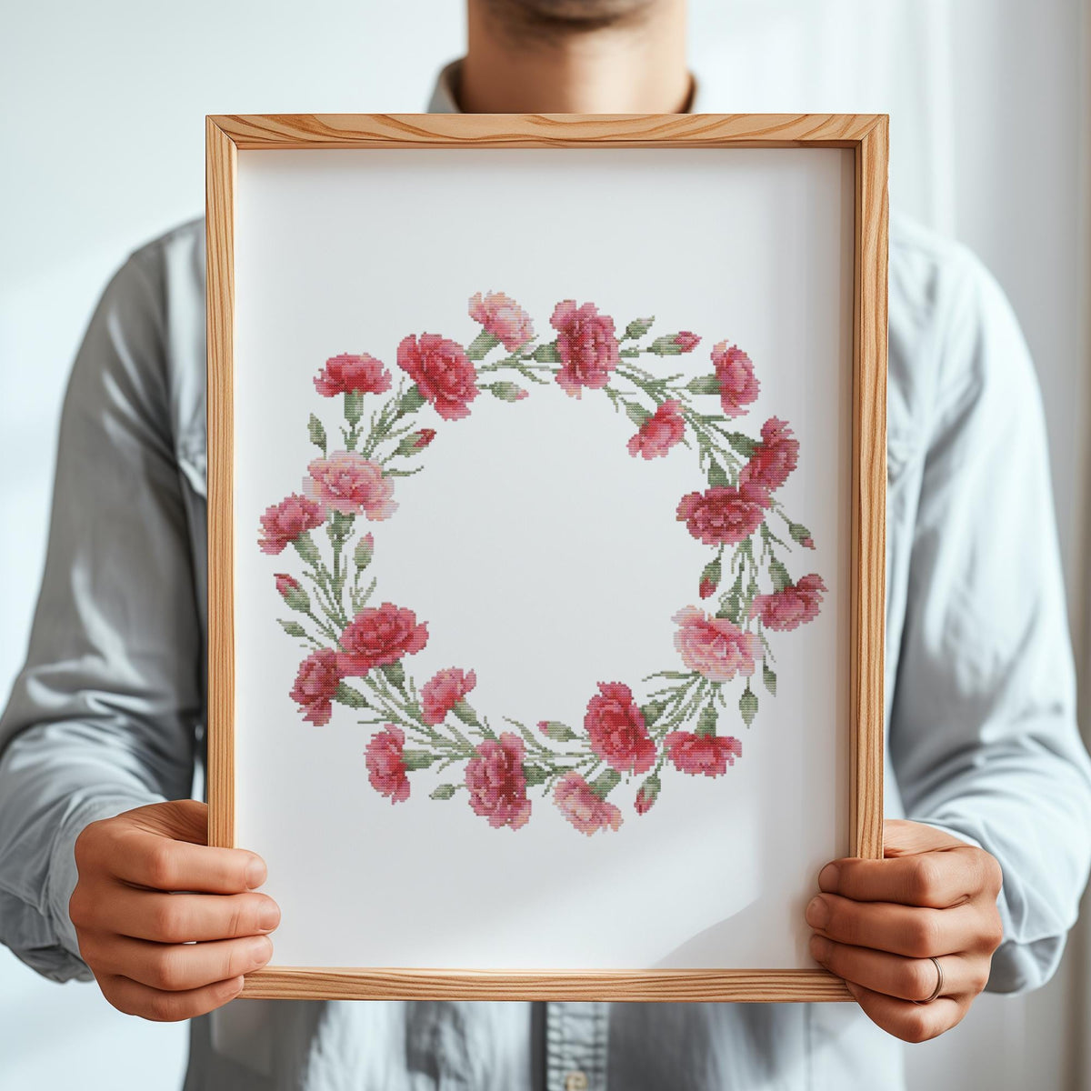 Cross Stitch Pattern With Carnation Wreath, Counted Embroidery PDF, January Birth Flower Cross Stitch Chart, Mothers Day Personalized Gifts