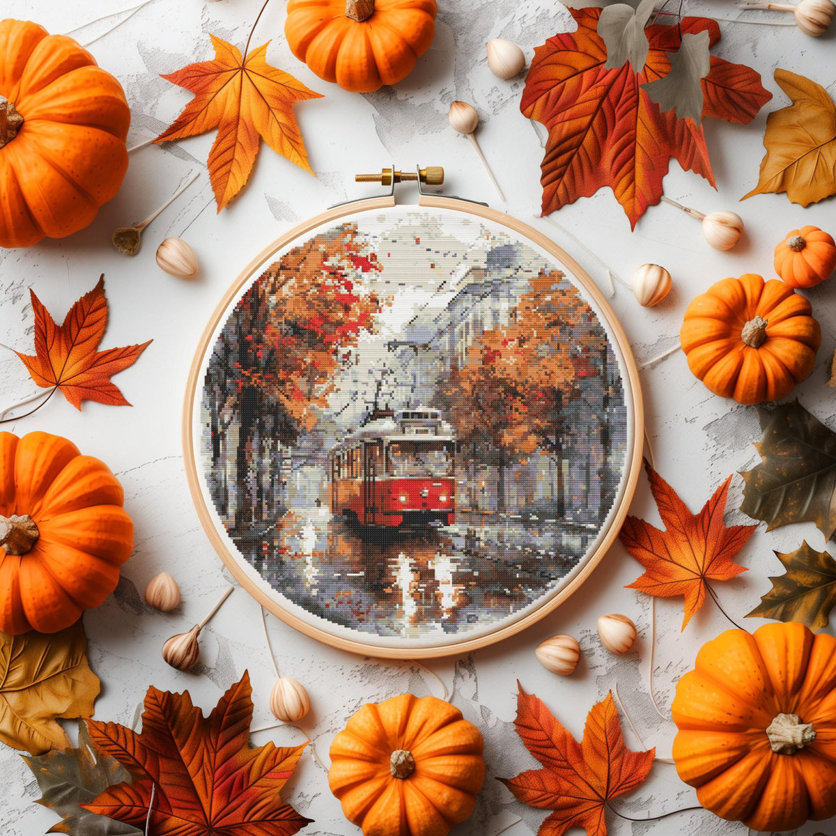 Watercolor Cross Stitch Pattern With Retro Tram, Fall Cross Stitch Designs, Embroidery Design, Counted Cross Stitch PDF, Pattern Keeper File