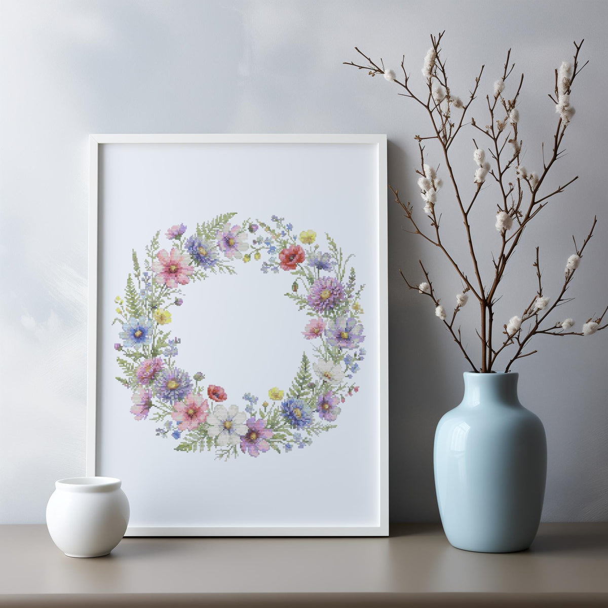 Cross Stitch Pattern With Floral Wreath, Counted Cross Stitch, Watercolor Embroidery PDF, Wildflower Cross Stitch Chart, Mother's Day Gift