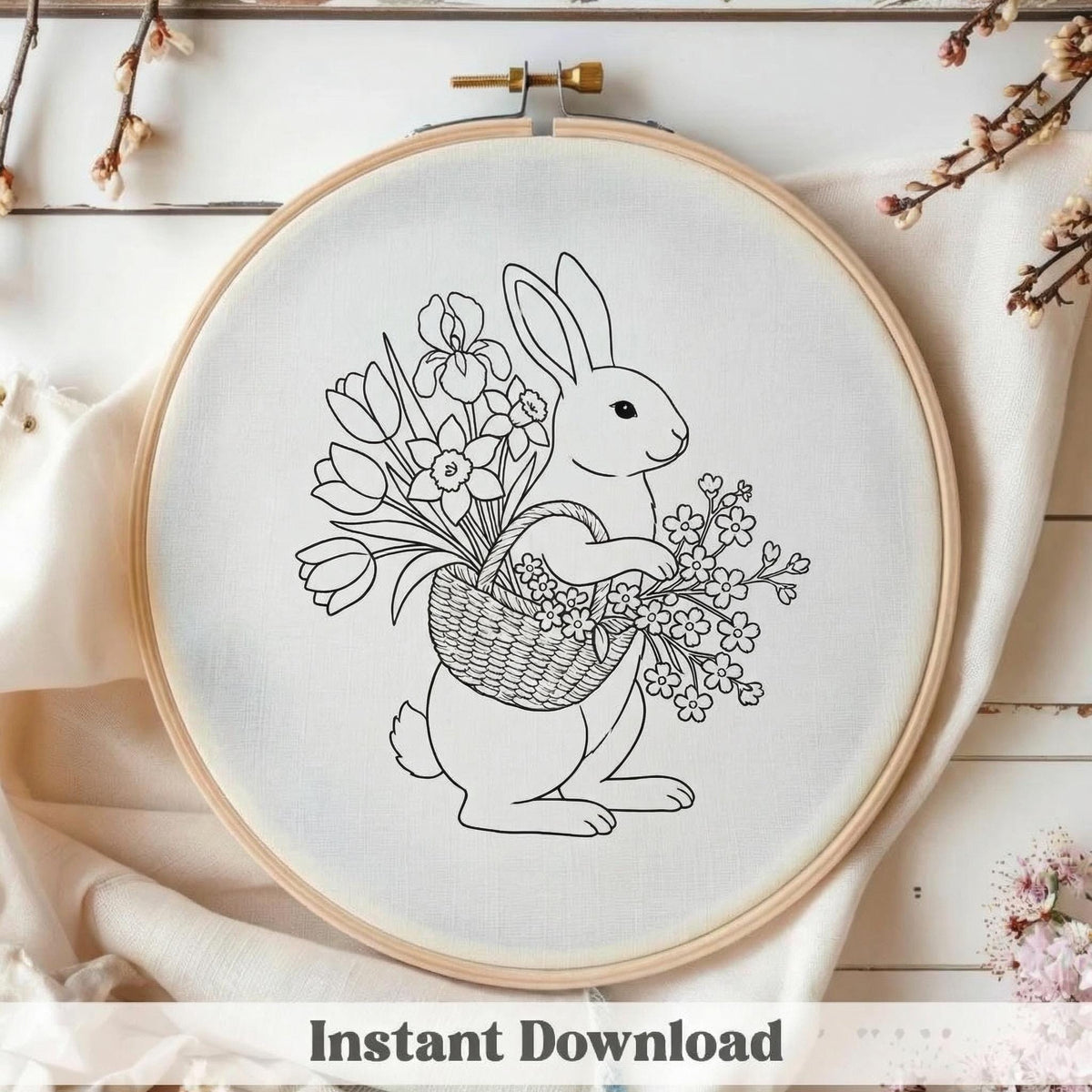 Spring Embroidery Pattern PDF With Bunny, Easter Hand Embroidery Template With Rabbit, Do It Yourself Gifts, Mothers Day Gift For Grandma