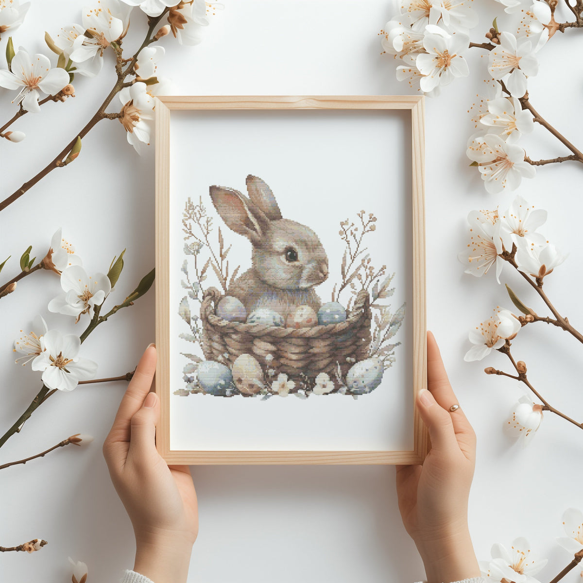 Cross Stitch Pattern With Easter Bunny, Modern Cross Stitch Designs, Easter Embroidery Pattern, Spring Cross Stitch Pattern, Floral Pattern