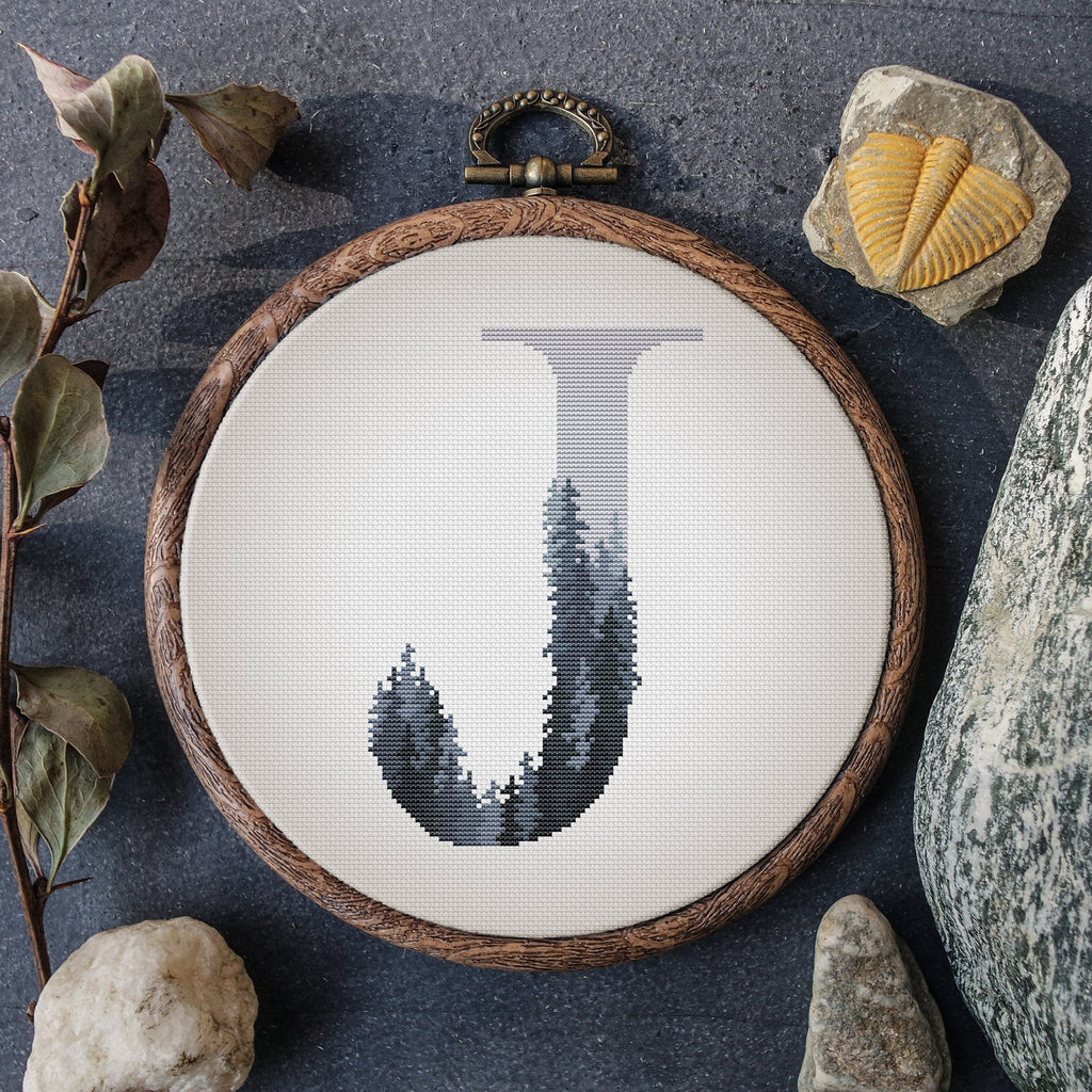 Alphabet Cross Stitch PDF Gray Letters Embroidery Pattern Counted Foggy Forest Initials Digital Digitals