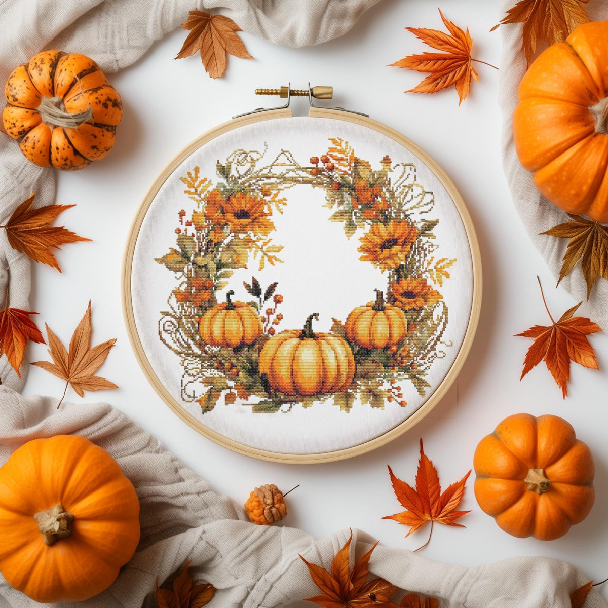 Fall Cross Stitch Patterns With Pumpkins, Counted, Autumn Embroidery Designs, Floral Wreath Cross Stitch Chart, Modern Cross Stitch Art