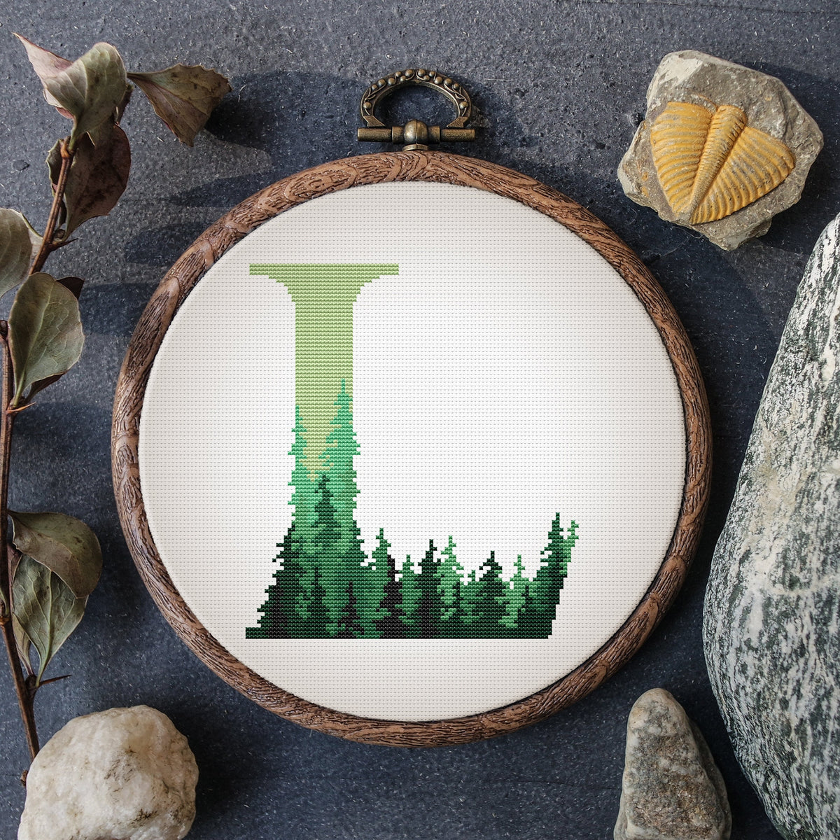 Monogram Cross Stitch Pattern, Counted, Customisable Name Embroidery Designs, Letter Cross Stitch Chart With Green Forest, Personalised Gift
