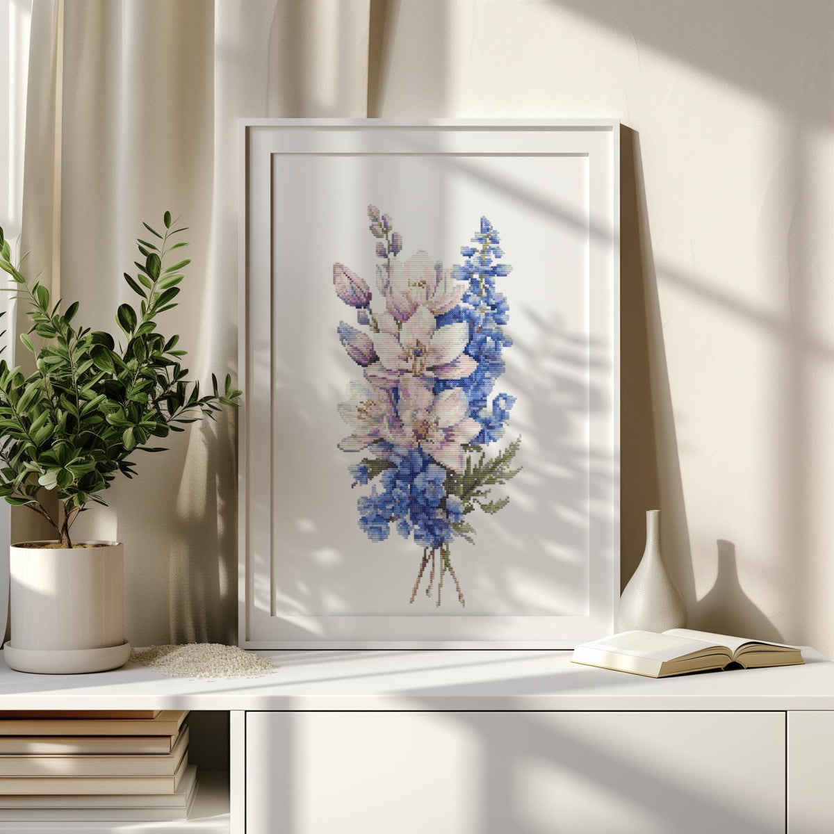 Cross Stitch Pattern With Blue Delphinium, Water Lily, Counted Cross Stitch Designs, Embroidery Pattern, Birth Flower Cross Stitch Samplers