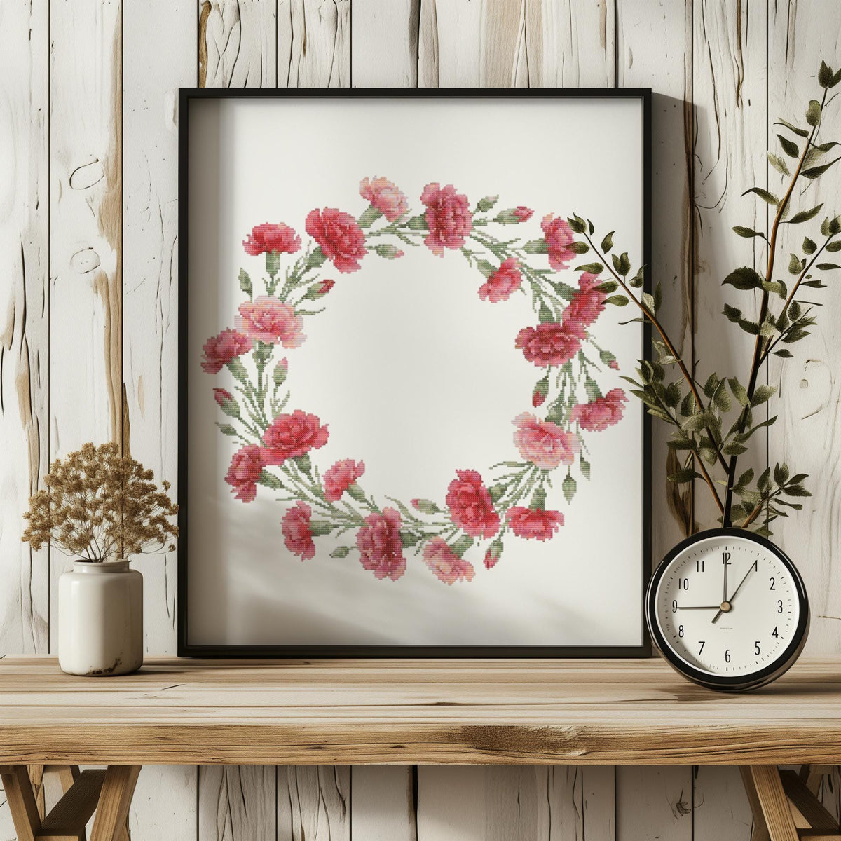 Cross Stitch Pattern With Carnation Wreath, Counted Embroidery PDF, January Birth Flower Cross Stitch Chart, Mothers Day Personalized Gifts