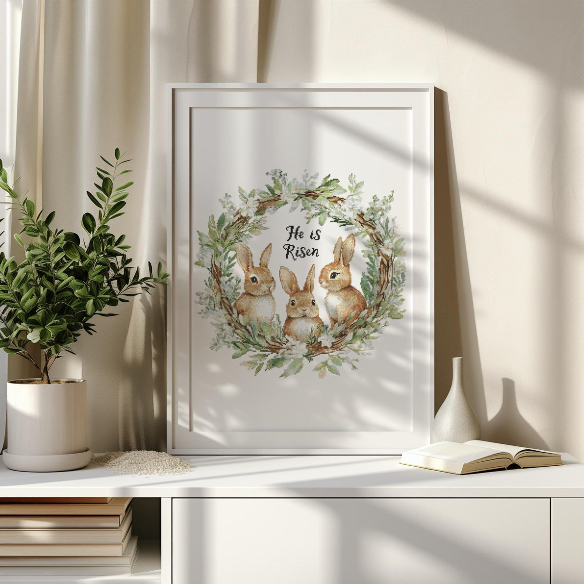 Easter Cross Stitch Pattern With Bunnies Counted He Is Risen Embroidery Pattern Christian Cross Stitch Chart Easter Wreath Cross Stitch Pdf
