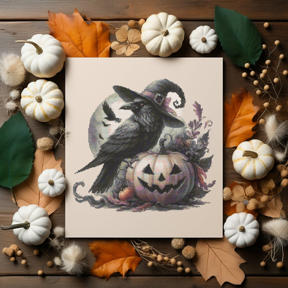 Halloween Cross Stitch Pattern With Fairytale Raven, Counted, Spooky Pumpkin Embroidery Designs, Fall Cross Stitch Art, Instant Downoads