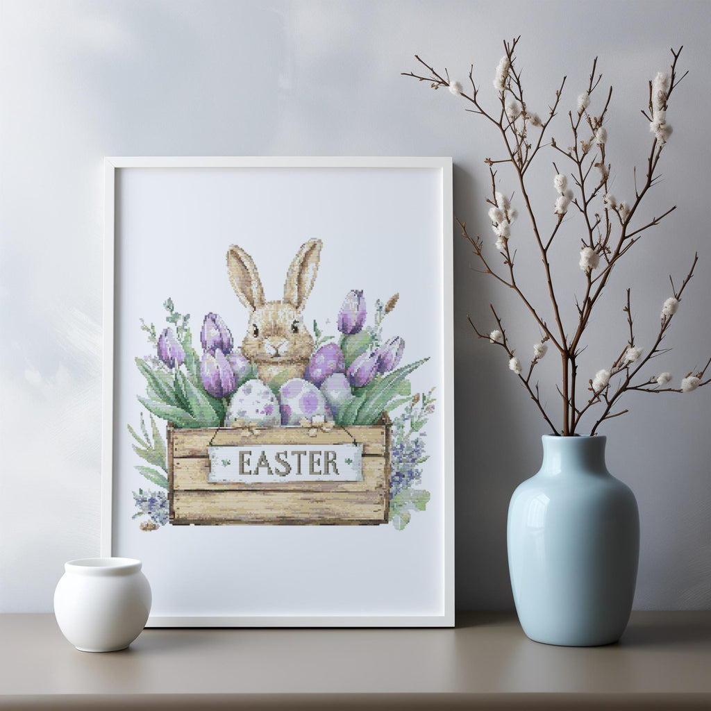 Cross Stitch Pattern With Easter Bunny, Modern Cross Stitch Designs, Easter Embroidery Pattern, Spring Cross Stitch Pattern, Floral Pattern