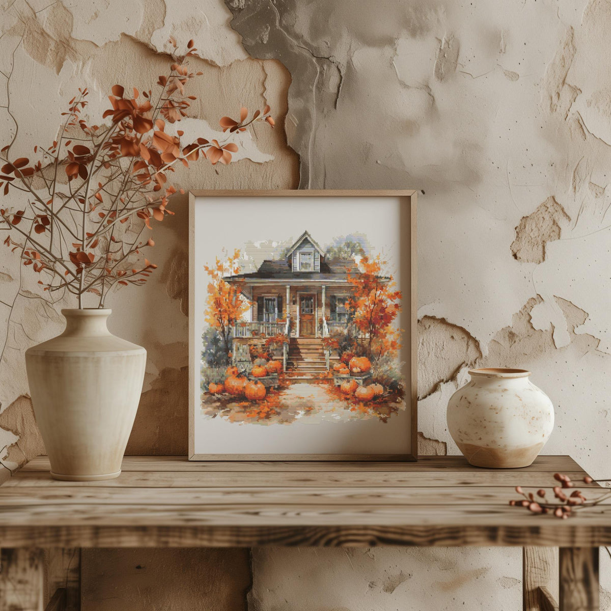 Cross Stitch Pattern With Fall Scenery Autumn Landscape Cross Stitch Designs Rustic Country Embroidery Pattern Counted Cross Stitch Pattern