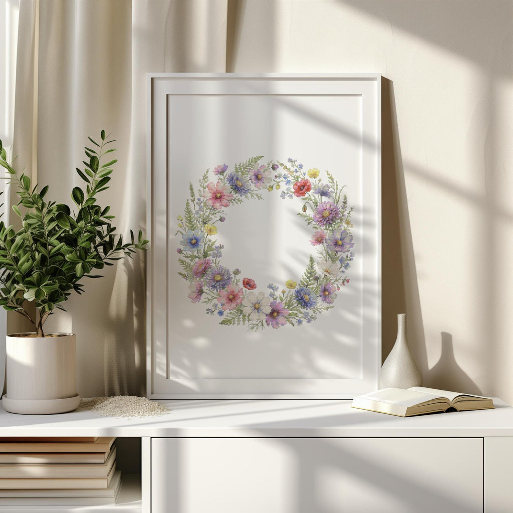 Cross Stitch Pattern With Floral Wreath, Counted Cross Stitch, Watercolor Embroidery PDF, Wildflower Cross Stitch Chart, Mother's Day Gift