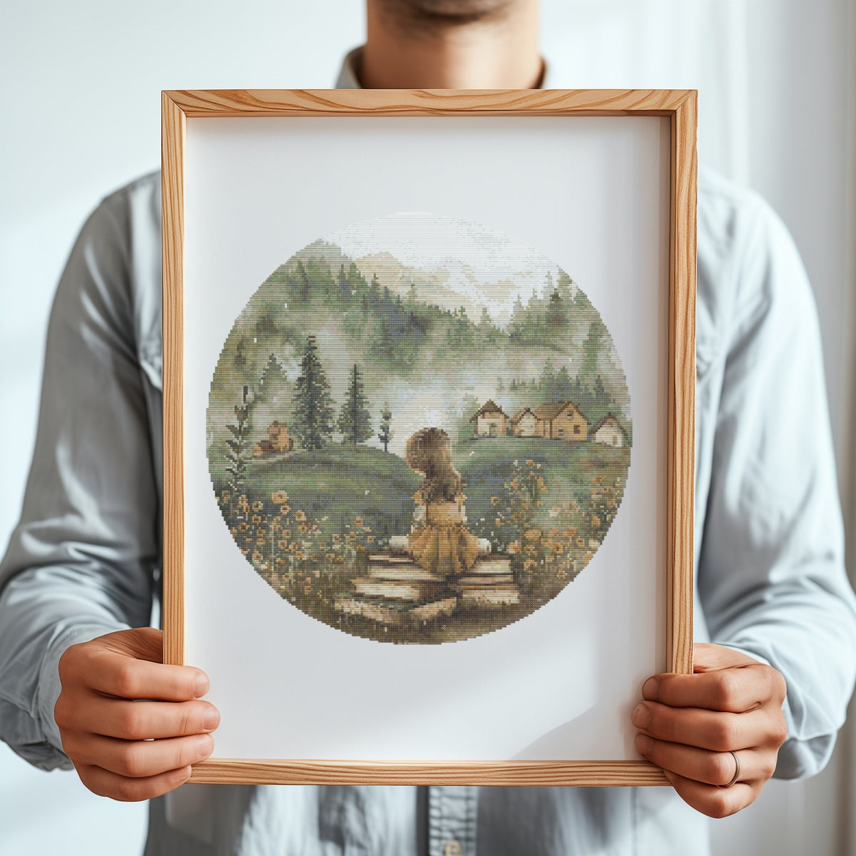 Cross Stitch Pattern With Girl, Books, Counted, Nature Embroidery Designs, Watercolor Cross Stitch Chart, Book Lover Gifts