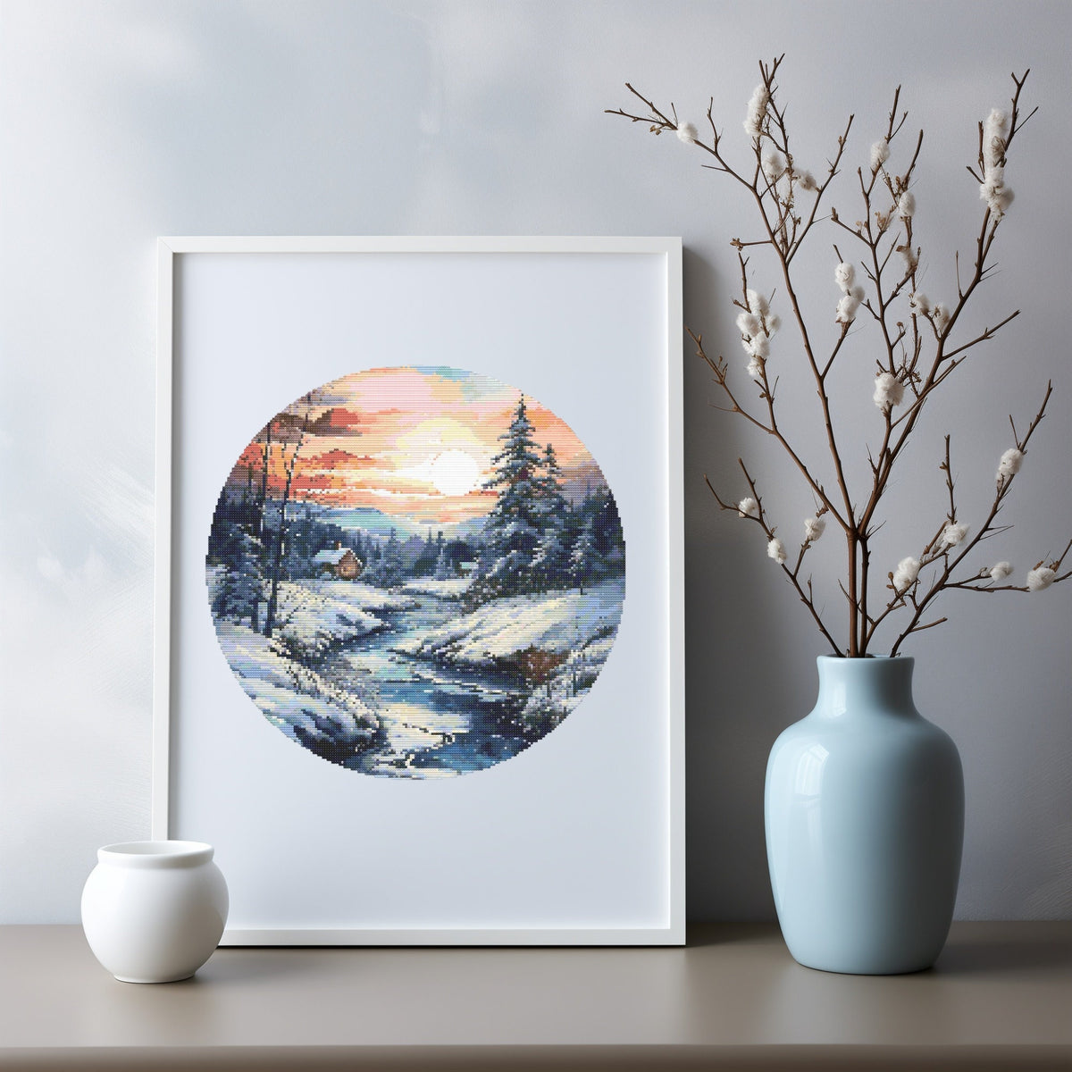 Nature Cross Stitch Pattern With Winter River, Counted, Landscape Cross Stitch Designs, Digital Downloads