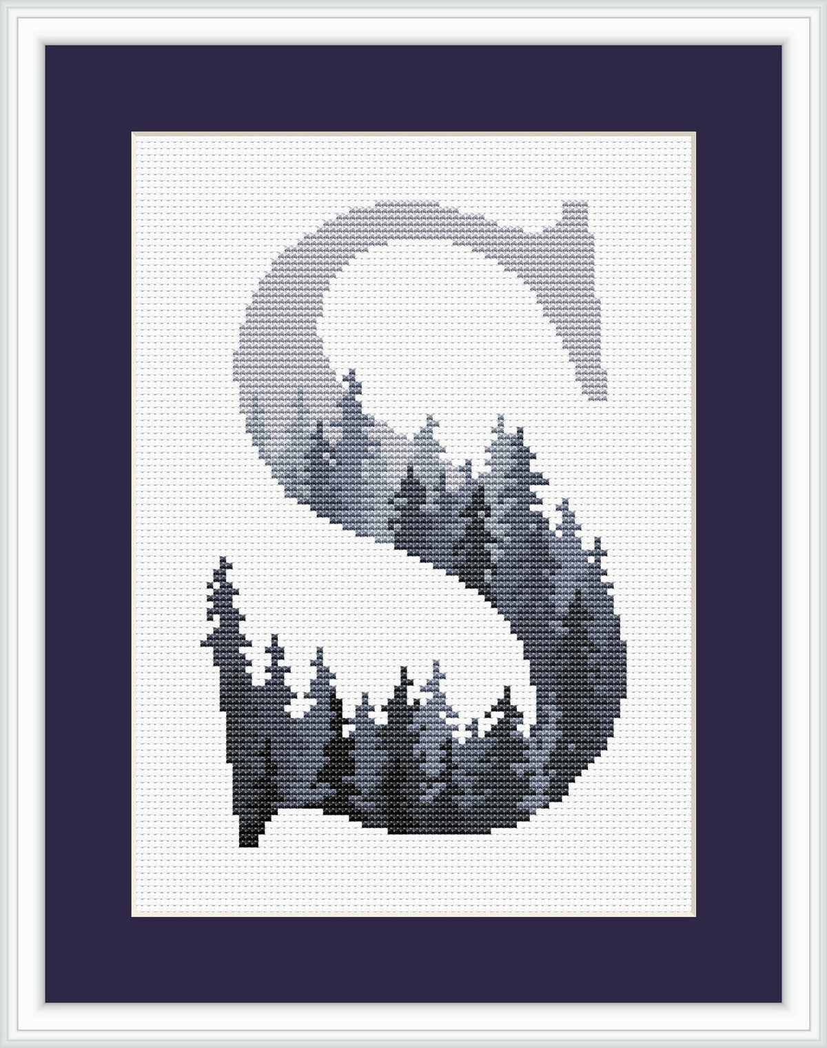 Modern Letter Cross Stitch Pattern, Monogram Cross Stitch Chart With Gray Forest, Custom Family Name Embroidery Pattern, Easy Cross Stitch