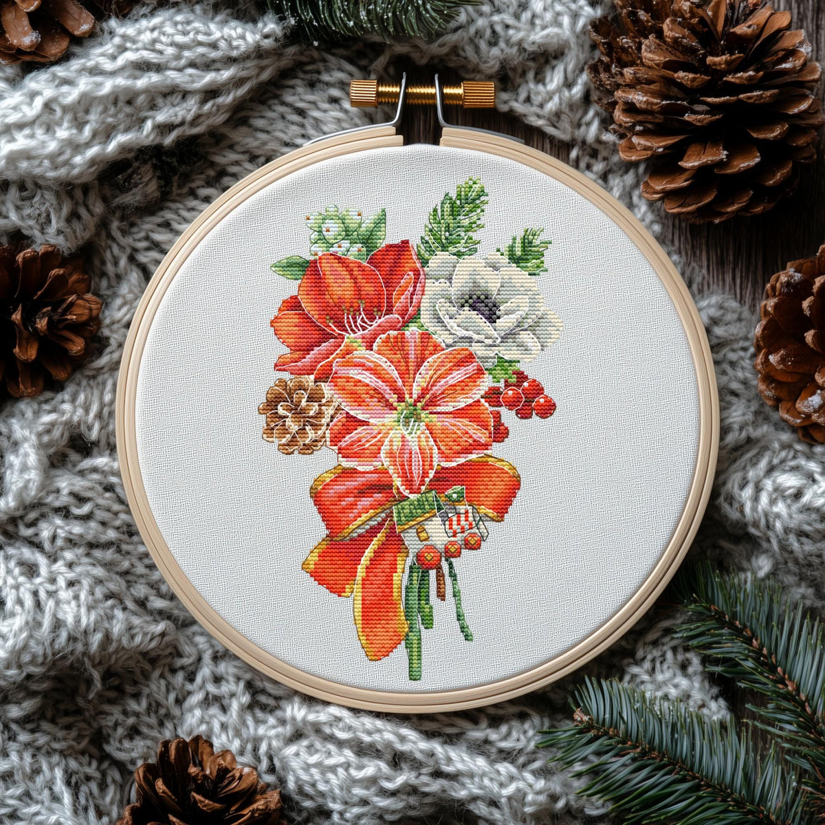 Christmas Cross Stitch Pattern Pdf With Poinsettia, Counted Cross Stitch Designs, Winter Bouquet Embroidery Pattern, Saga File