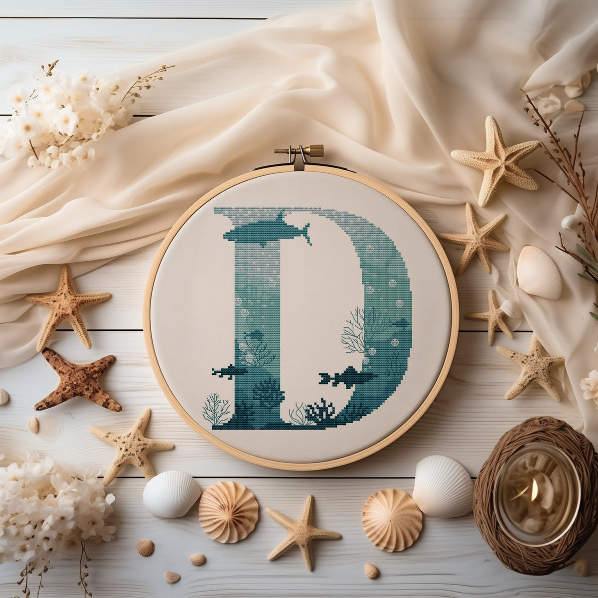 Modern Letter Cross Stitch Pattern, Counted, Marine Monogram Cross Stitch Chart,  Family Initials Embroidery Designs, Easy Cross Stitch