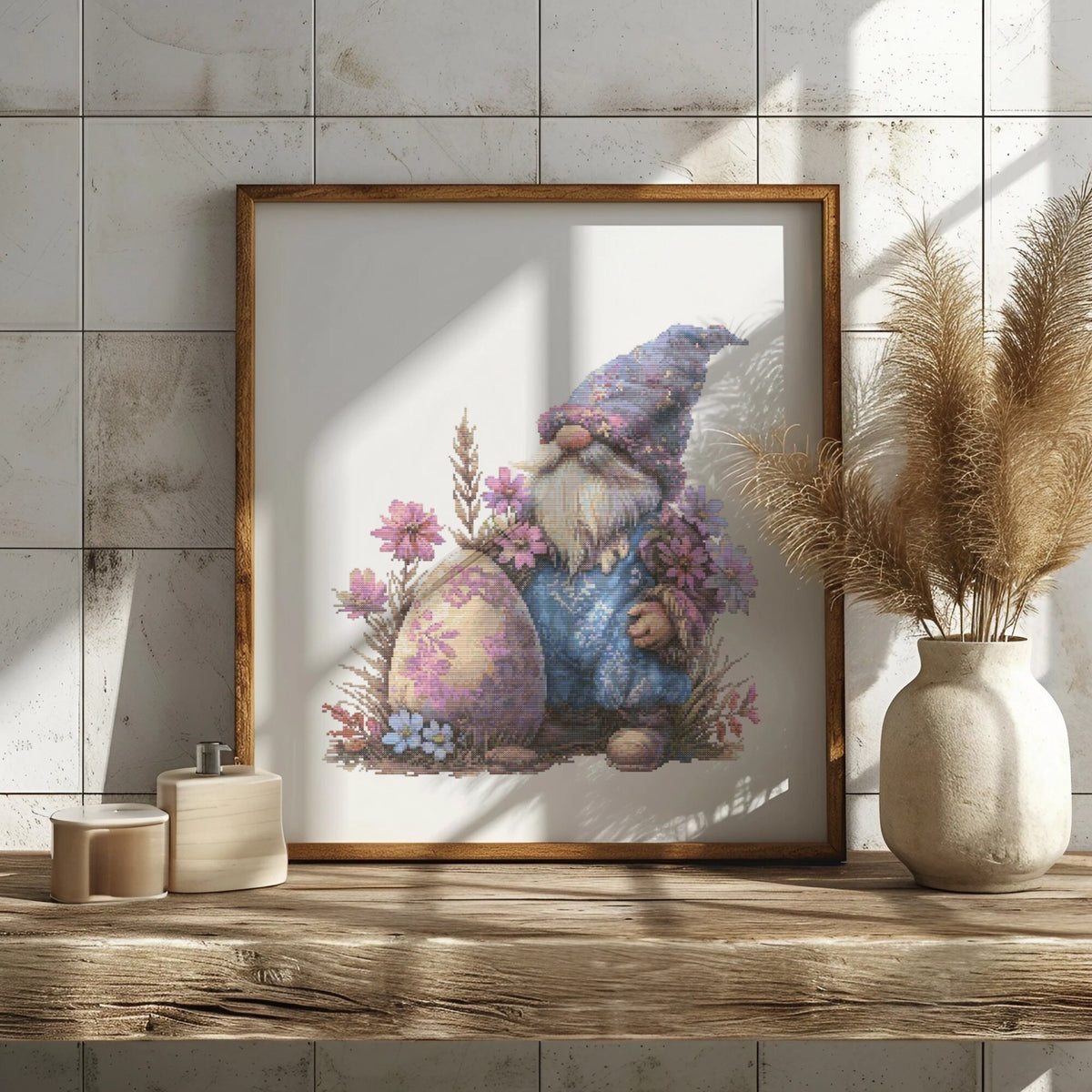 Cross Stitch Pattern With Easter Gnome, Happy Easter Embroidery Designs, Counted Cross Stitch Pattern, Spring Cross Stitch Charts, Floral