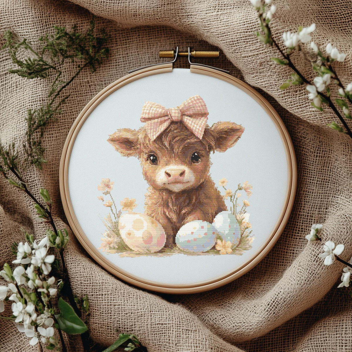 Easter Cross Stitch Pattern With Highland Cow Cottagecore Cross Stitch Design Happy Easter Embroidery Pattern PDF Spring Cross Stitch Chart
