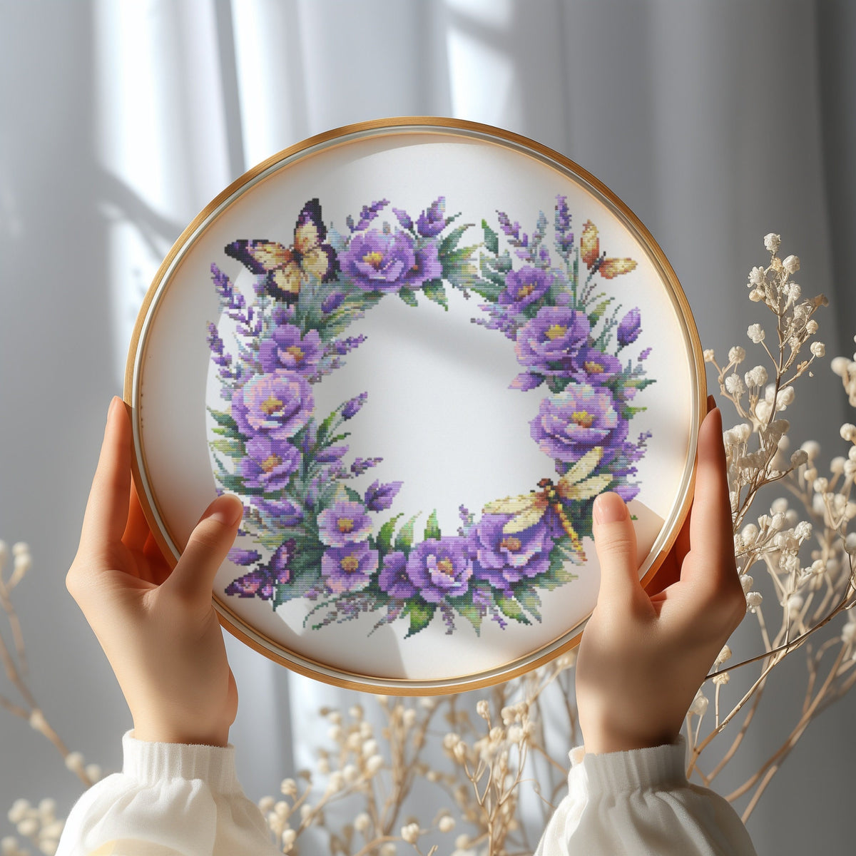 Cross Stitch Pattern With Floral Wreath, Modern Cross Stitch Designs, Mothers Day Embroidery Pattern, Counted, Summer Cross Stitch Pattern