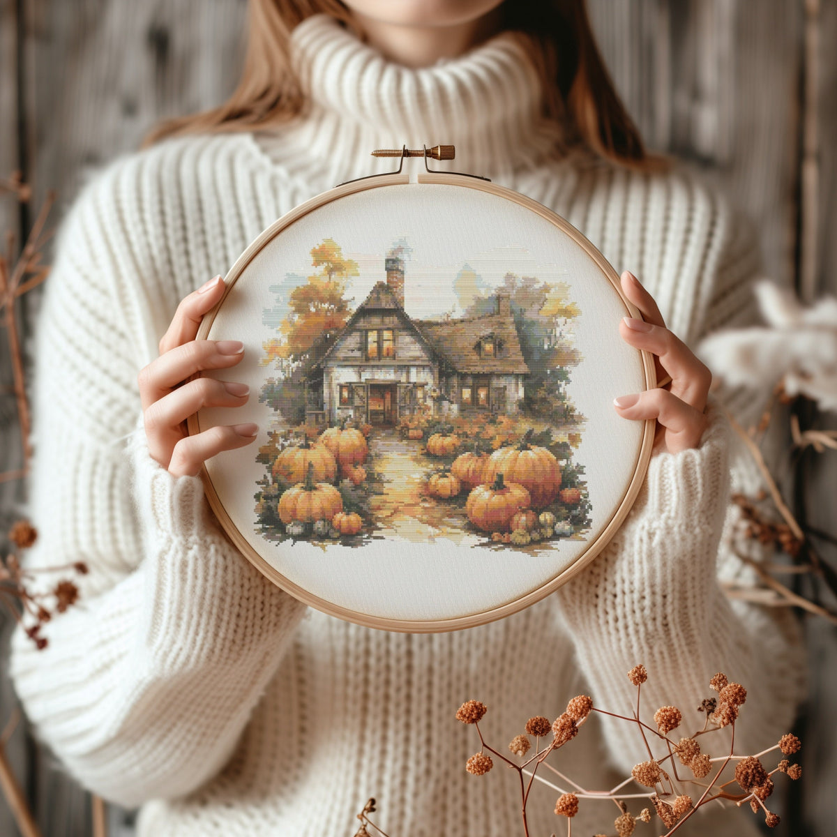 Fall Cross Stitch Pattern With Country Cottage, Autumn Cross Stitch Designs, Pumpkin Embroidery Pattern, Counted Cross Stitch PDF