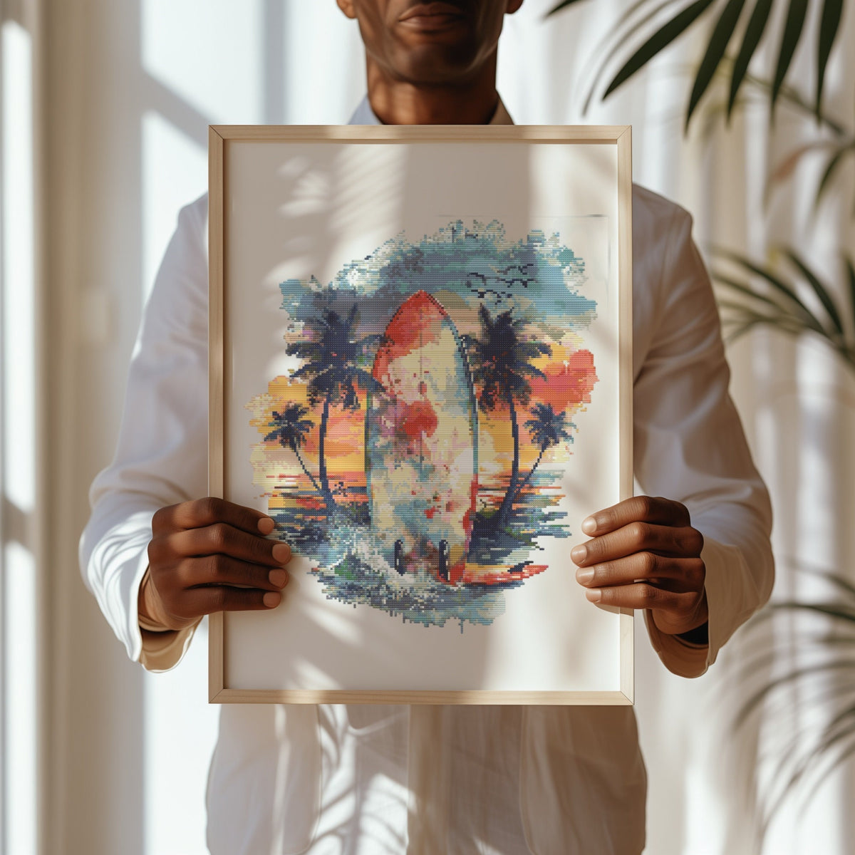 Cross Stitch Pattern With Surfer In Sunset, Counted, Beach Cross Stitch Designs, Coast Embroidery Samplers, Watercolor Cross Stitch Charts
