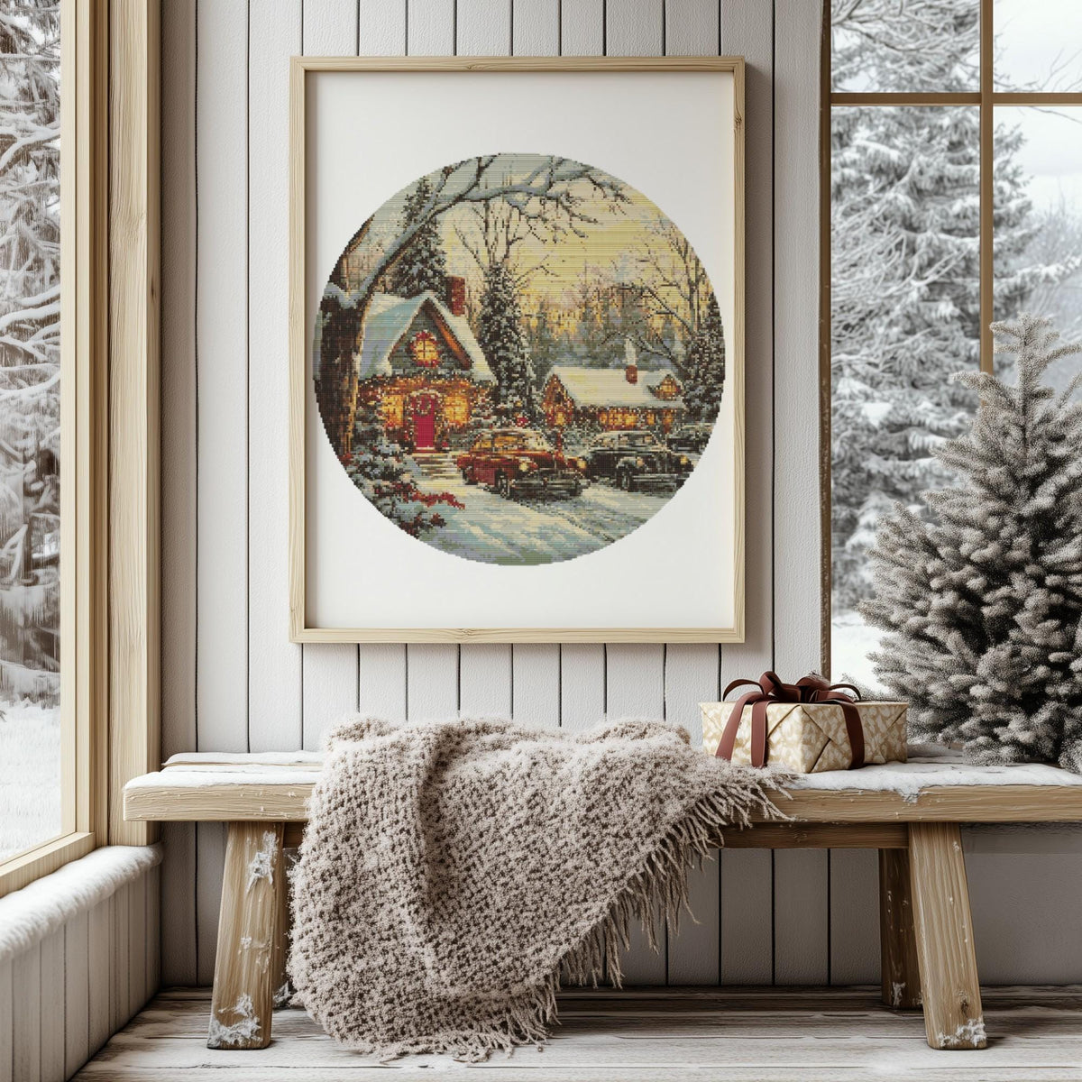 Cross Stitch Pattern PDF, Counted, Vintage Car Cross Stitch Art, Cozy Winter Embroidery Designs With Cottage, Cottagecore Cross Stitch Chart