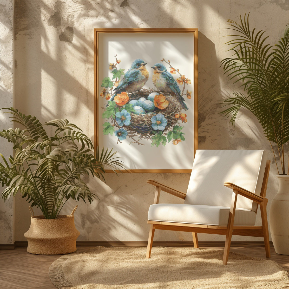 Cross Stitch Pattern Pdf Birds In Nest, Spring Cross Stitch Design, Counted, Floral Embroidery File, Cross Stitch Art, Gift For Grandma