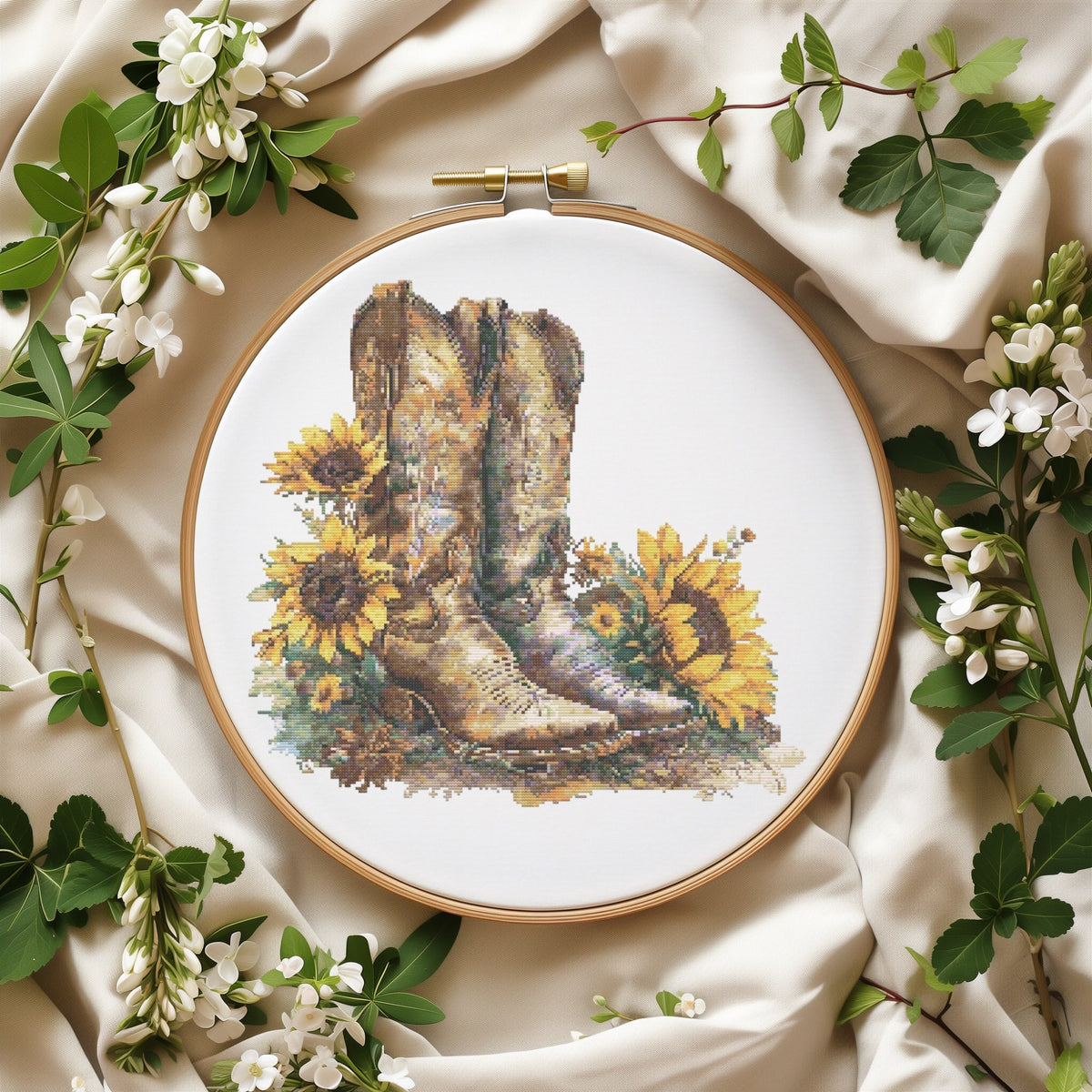 Floral Cross Stitch Pattern PDF With Cowgirl, Boots, Modern Cross Stitch Design, Watercolor Embroidery File, Sunflowers Cross Stitch Charts
