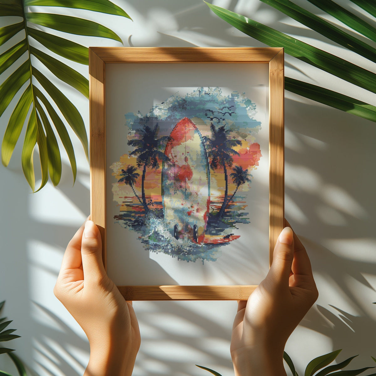 Cross Stitch Pattern With Surfer In Sunset, Counted, Beach Cross Stitch Designs, Coast Embroidery Samplers, Watercolor Cross Stitch Charts