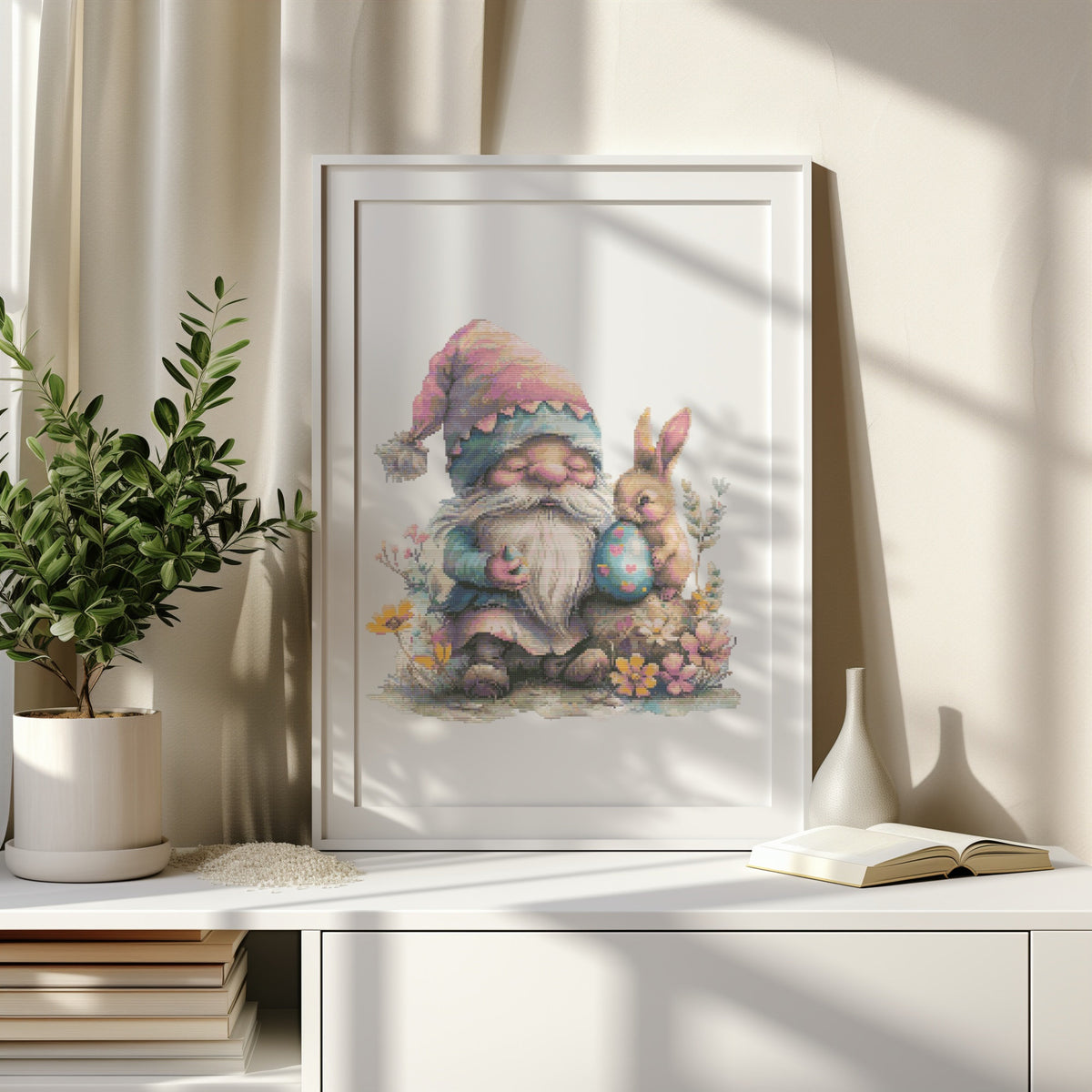 Cross Stitch Pattern With Easter Gnome And Bunny, Floral, Spring Cross Stitch Chart, Easter Embroidery Design, Counted Cross Stitch Pattern