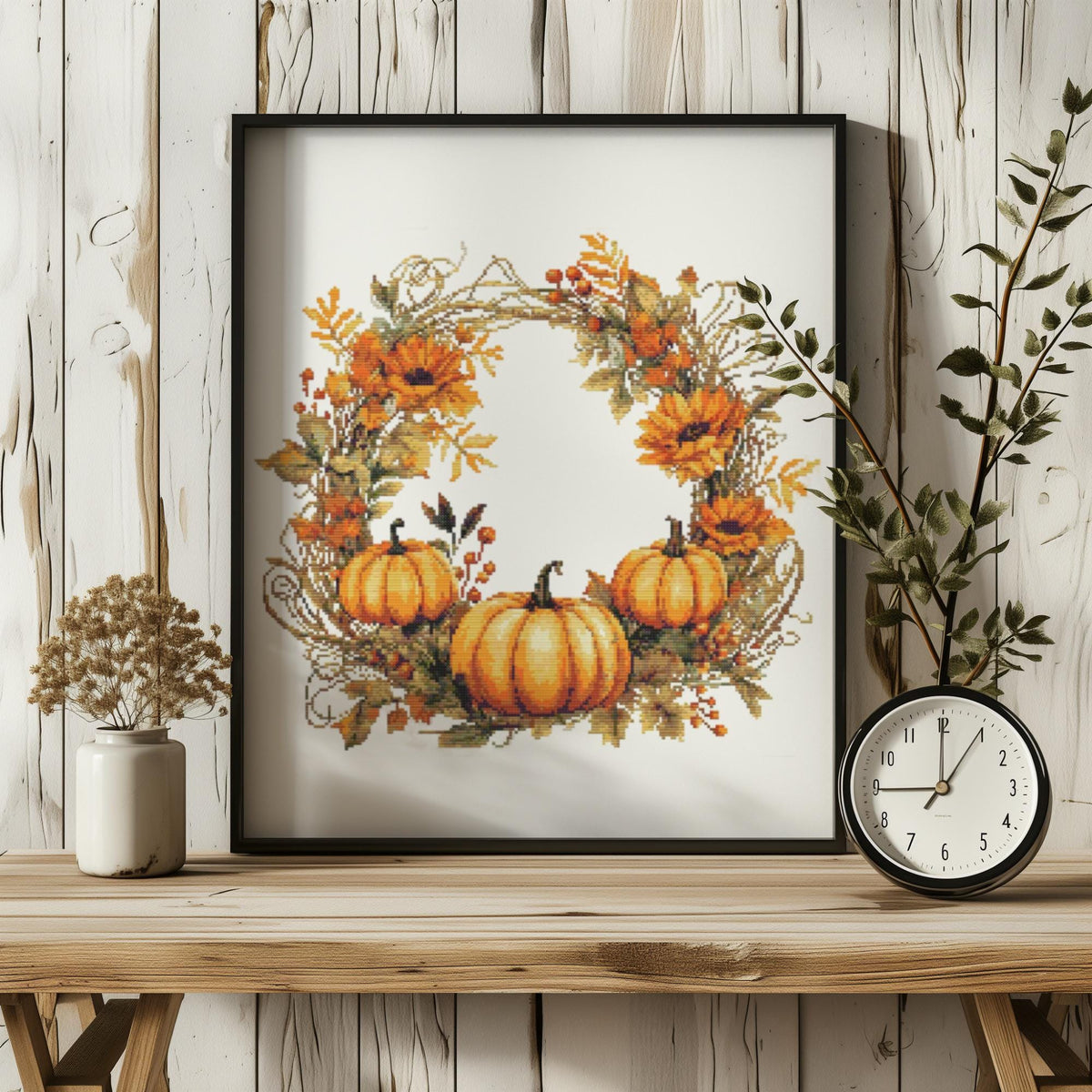 Fall Cross Stitch Patterns With Pumpkins, Counted, Autumn Embroidery Designs, Floral Wreath Cross Stitch Chart, Modern Cross Stitch Art