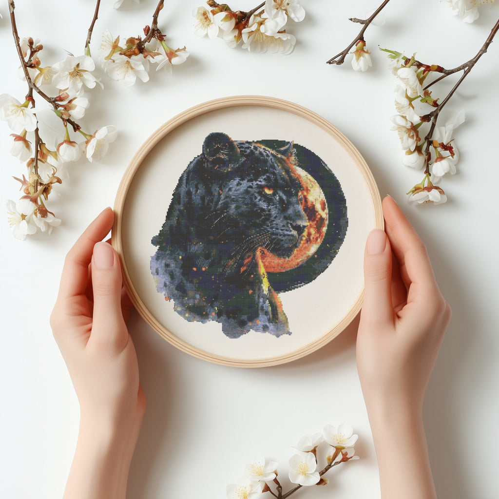 Cross Stitch Pattern With Black Cougar, Counted Cross Stitch Chart, Panther Cross Stitch Designs, Embroidery Patterns, Cross Stitch Art