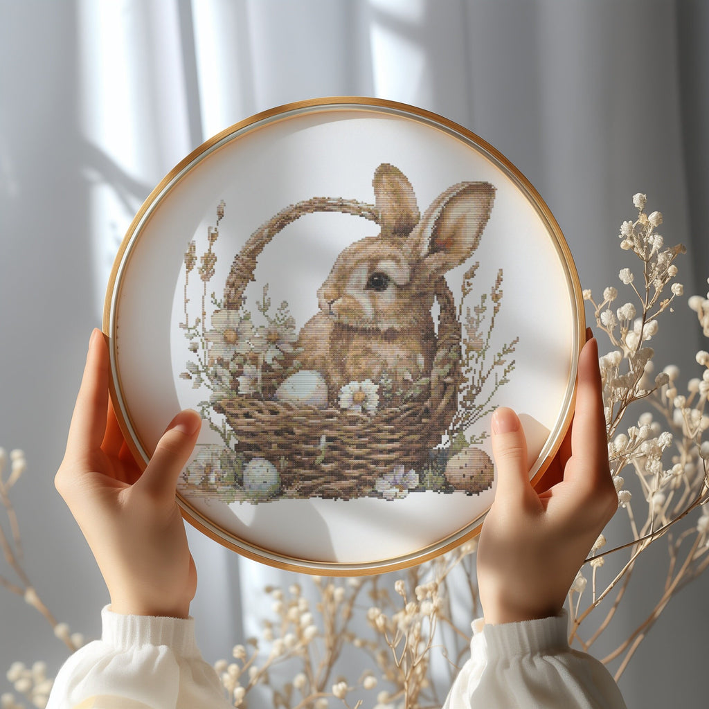 Cross Stitch Pattern With Easter Bunny, Modern Cross Stitch Designs, Easter Embroidery Pattern, Spring Cross Stitch Pattern, Floral Pattern