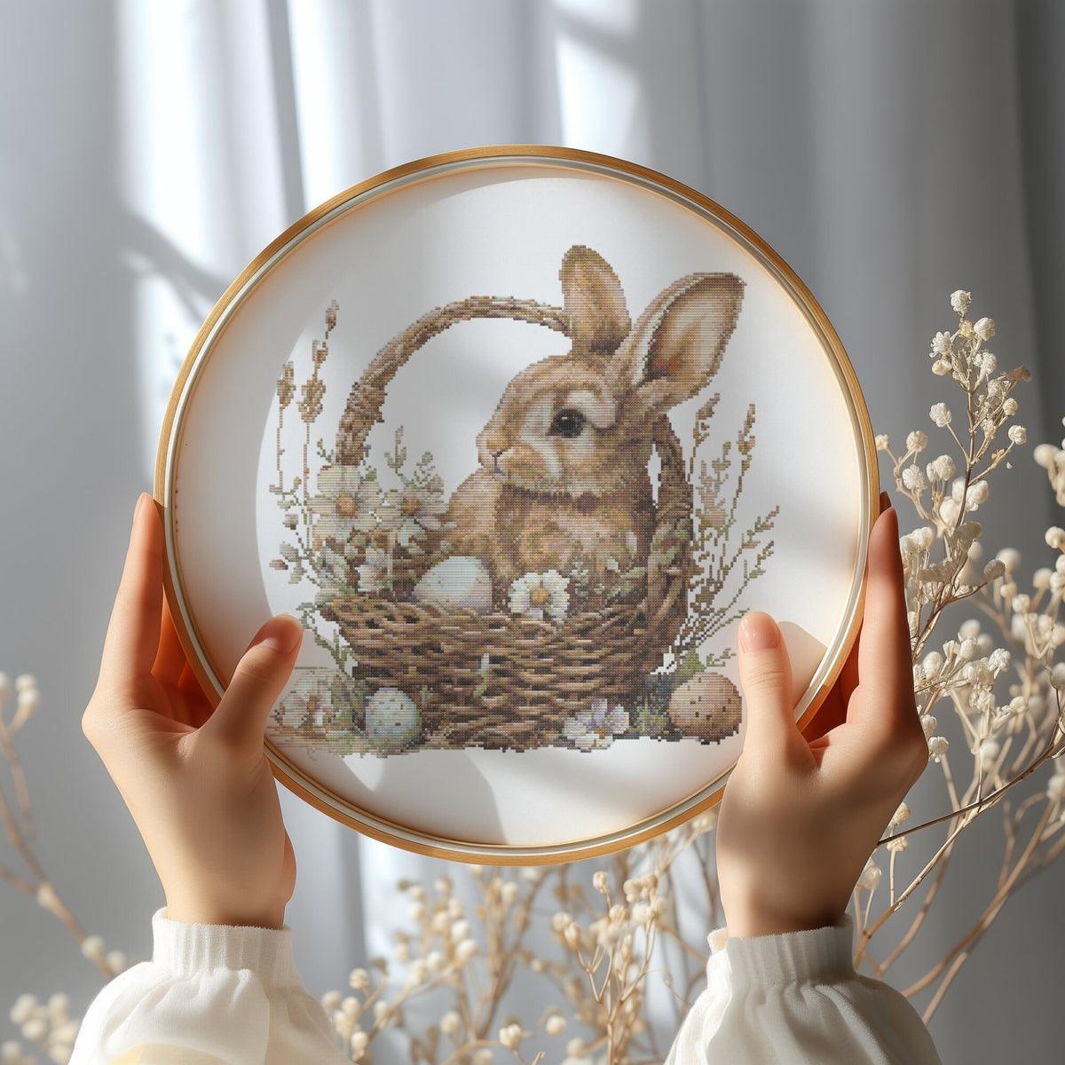 Cross Stitch Pattern With Easter Bunny, Modern Cross Stitch Designs, Easter Embroidery Pattern, Spring Cross Stitch Pattern, Floral Pattern