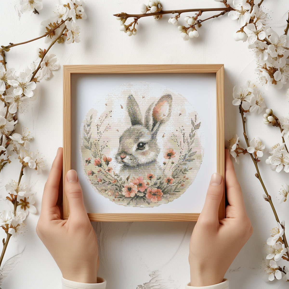 Modern Cross Stitch Pattern With Bunny, Easter Cross Stitch Art, Easter Embroidery Pattern, Spring Cross Stitch Pattern, Floral Pattern