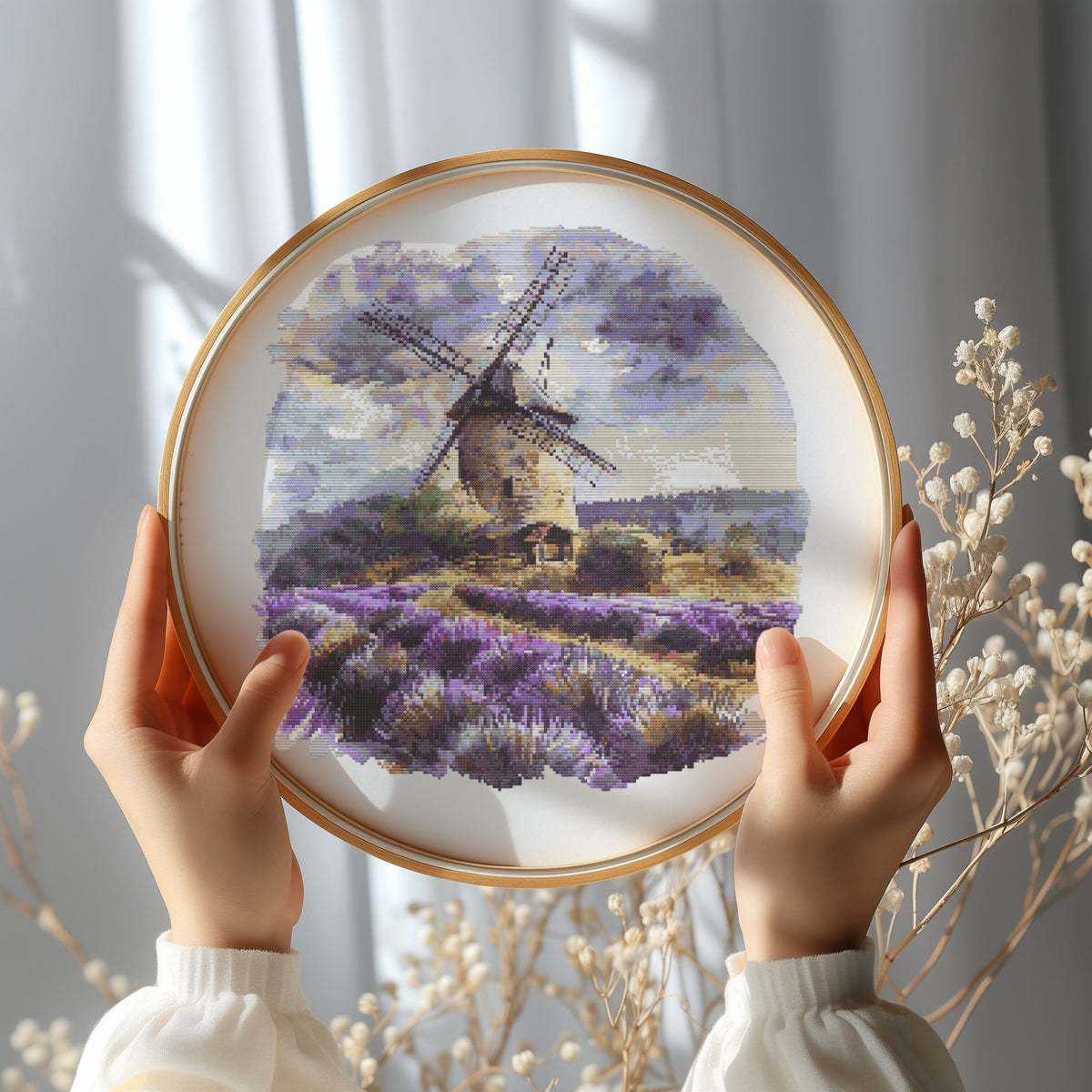 Modern Cross Stitch Pattern With Windmill In Lavender Cross Stitch Art Embroidery Design Landscape Cross Stitch PDF Count Cross Stitch Chart