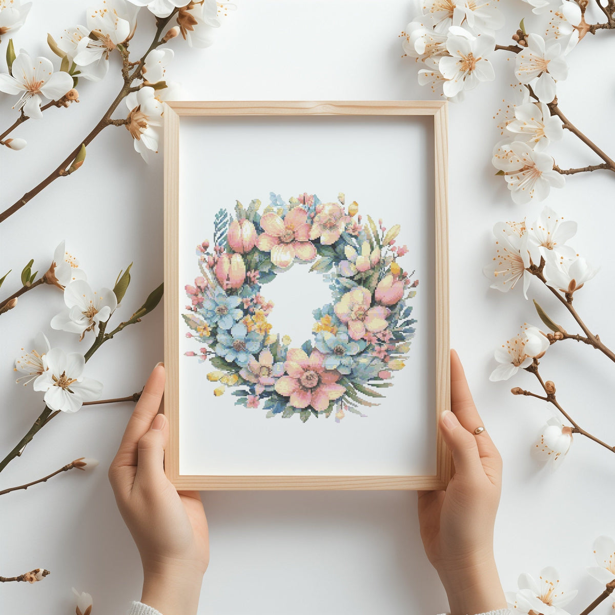 Cross Stitch Pattern With Floral Wreath, Modern Cross Stitch Designs, Embroidery Design, Spring Cross Stitch Chart, Christmas Gift For Mom