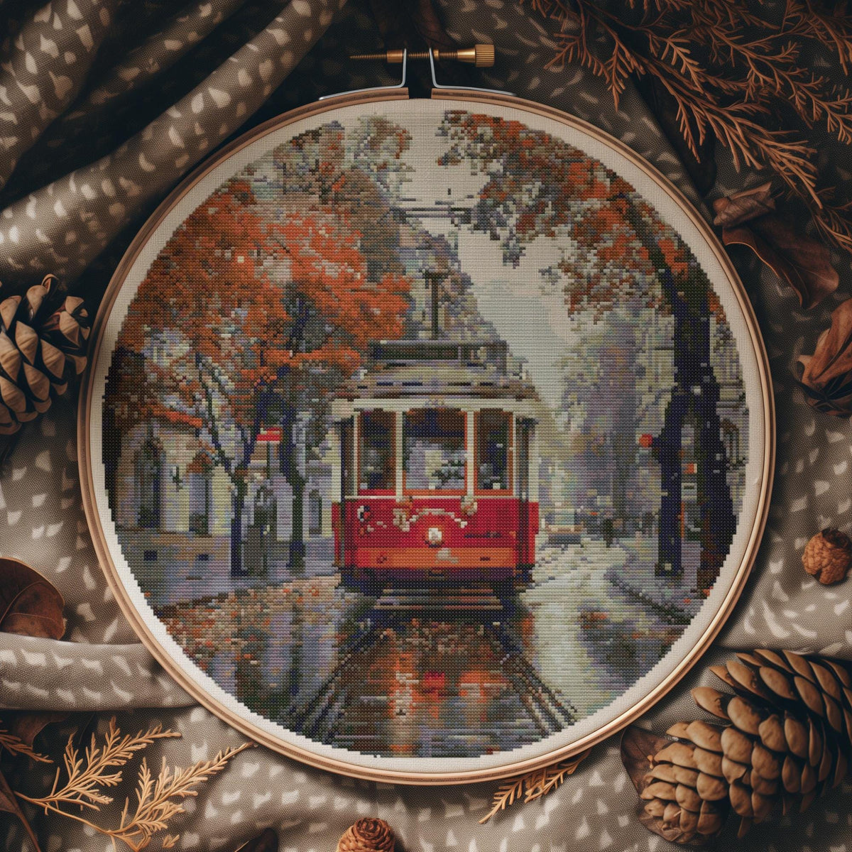 Watercolor Cross Stitch Pattern With Retro Tram, Fall Cross Stitch Designs, Autumn Embroidery Pattern Pdf, Counted, City Cross Stitch Chart
