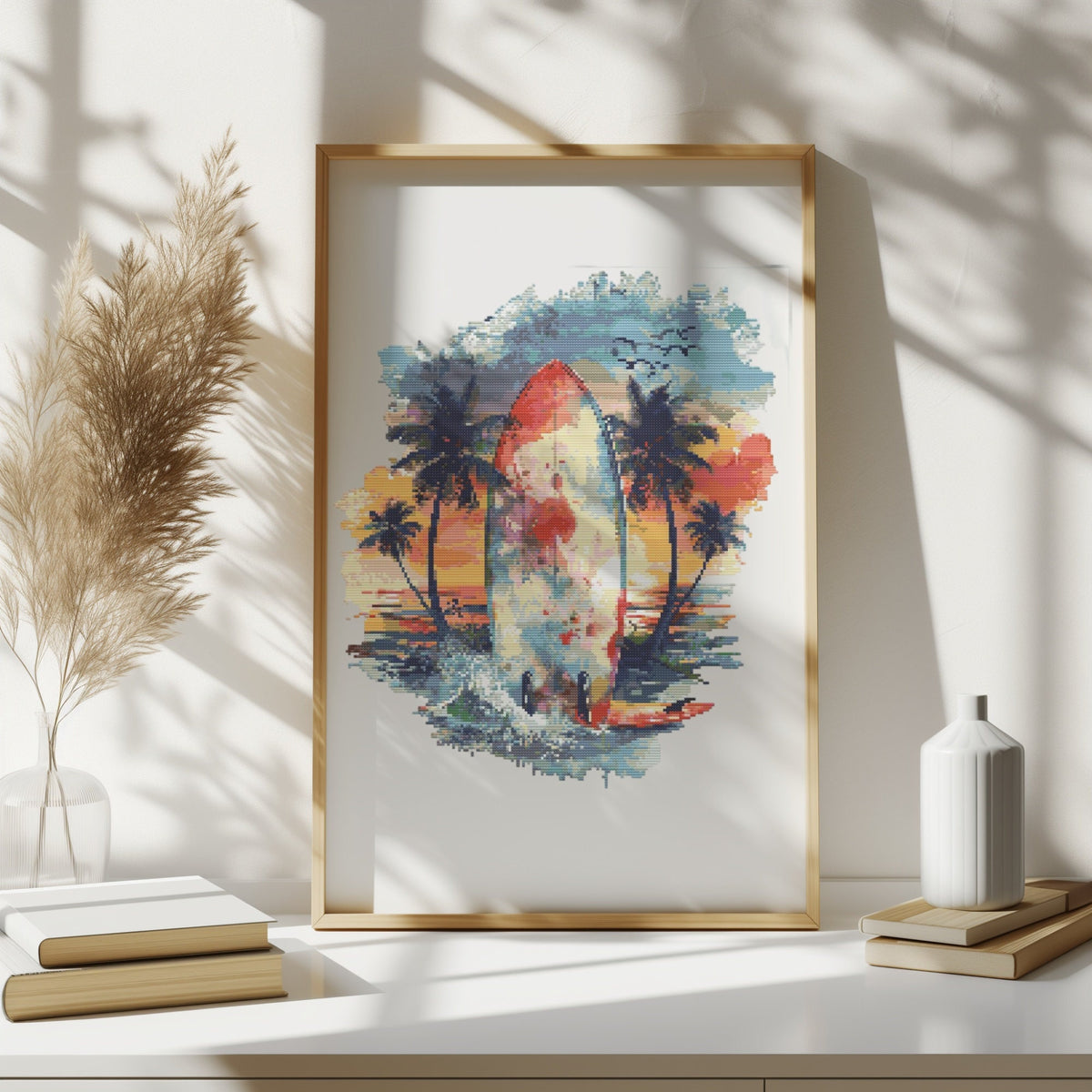 Cross Stitch Pattern With Surfer In Sunset, Counted, Beach Cross Stitch Designs, Coast Embroidery Samplers, Watercolor Cross Stitch Charts
