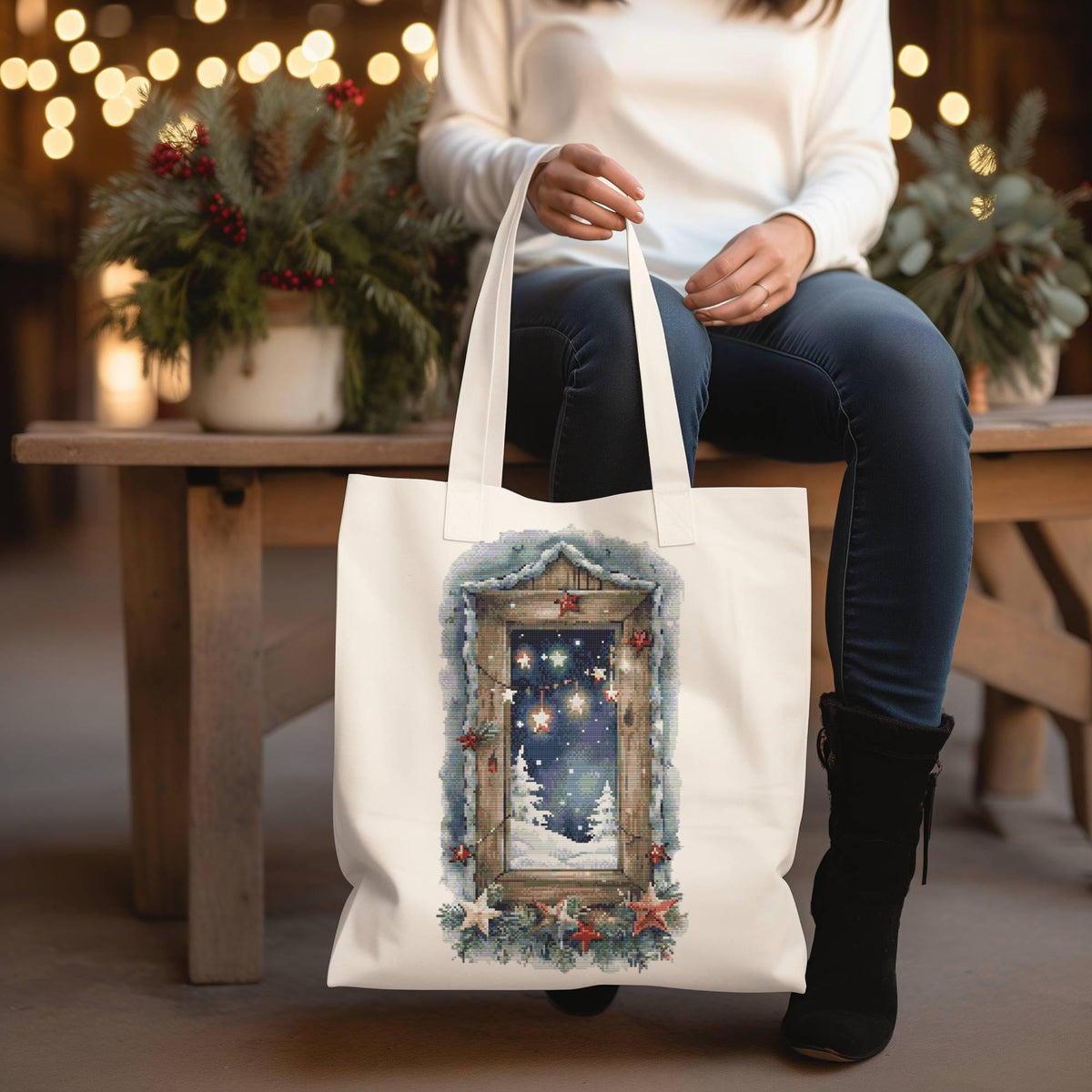 Cross Stitch Pattern With Christmas Scenery, Embroidery Designs, Counted Cross Stitch Designs, Winter Cross Stitch Charts, Compatible With Pattern Keeper