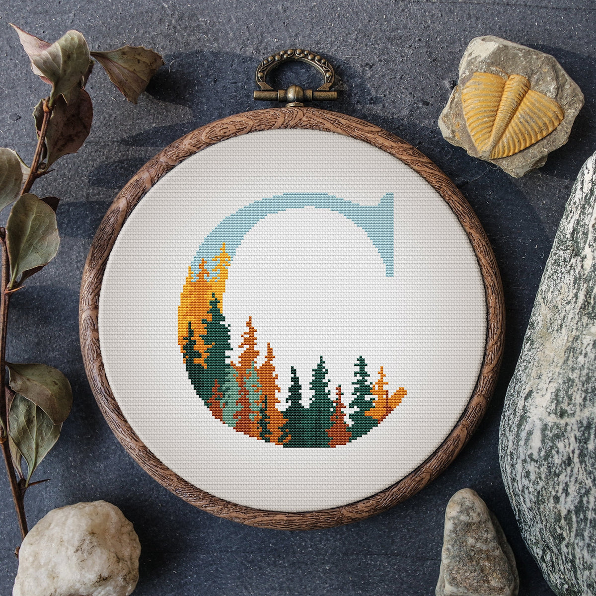 Fall Cross Stitch Pattern With Monogram C, Counted, Autumn Letter Cross Stitch PDF, Customisable Initials Embroidery File, Personalized Gift