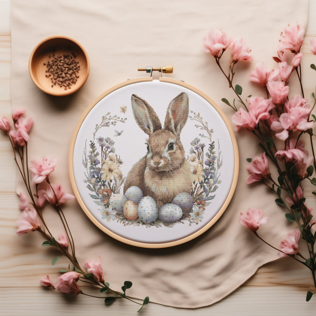 Cross Stitch Pattern With Easter Bunny, Spring Cross Stitch PDF, Modern Cross Stitch Designs, Easter Embroidery Pattern, Floral Pattern